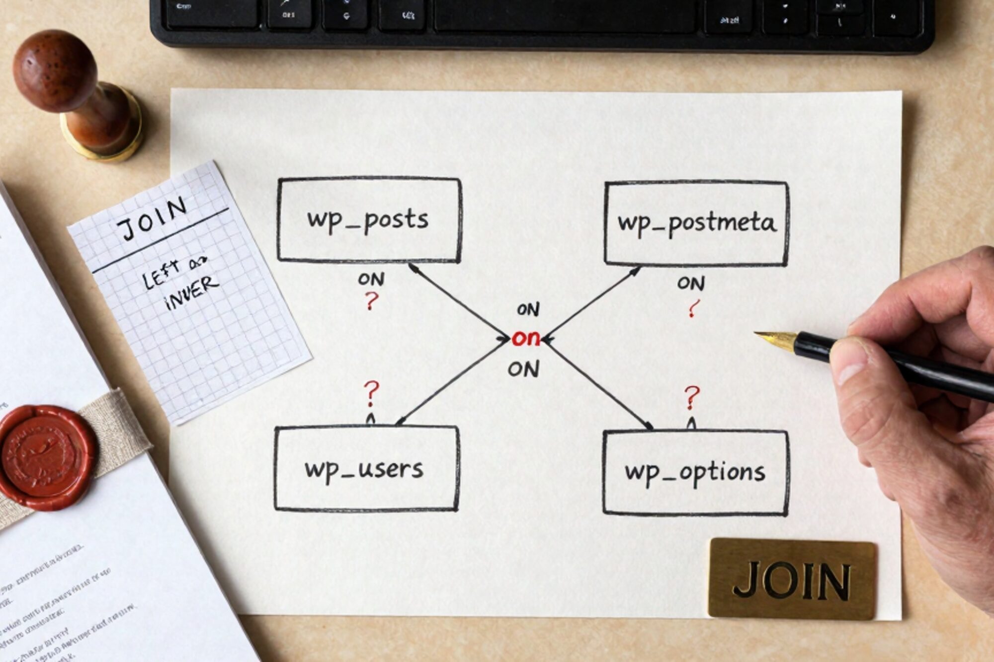 Overhead photo of inked SQL JOIN diagram with table cards, pencil lines, red question marks, wax seal on linen.