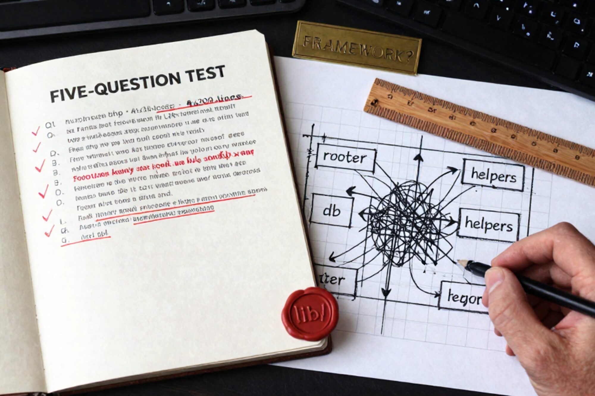 Overhead photo of paper test sheet with ticks, manila folder showing printed code, sketch, brass plate, red wax seal.