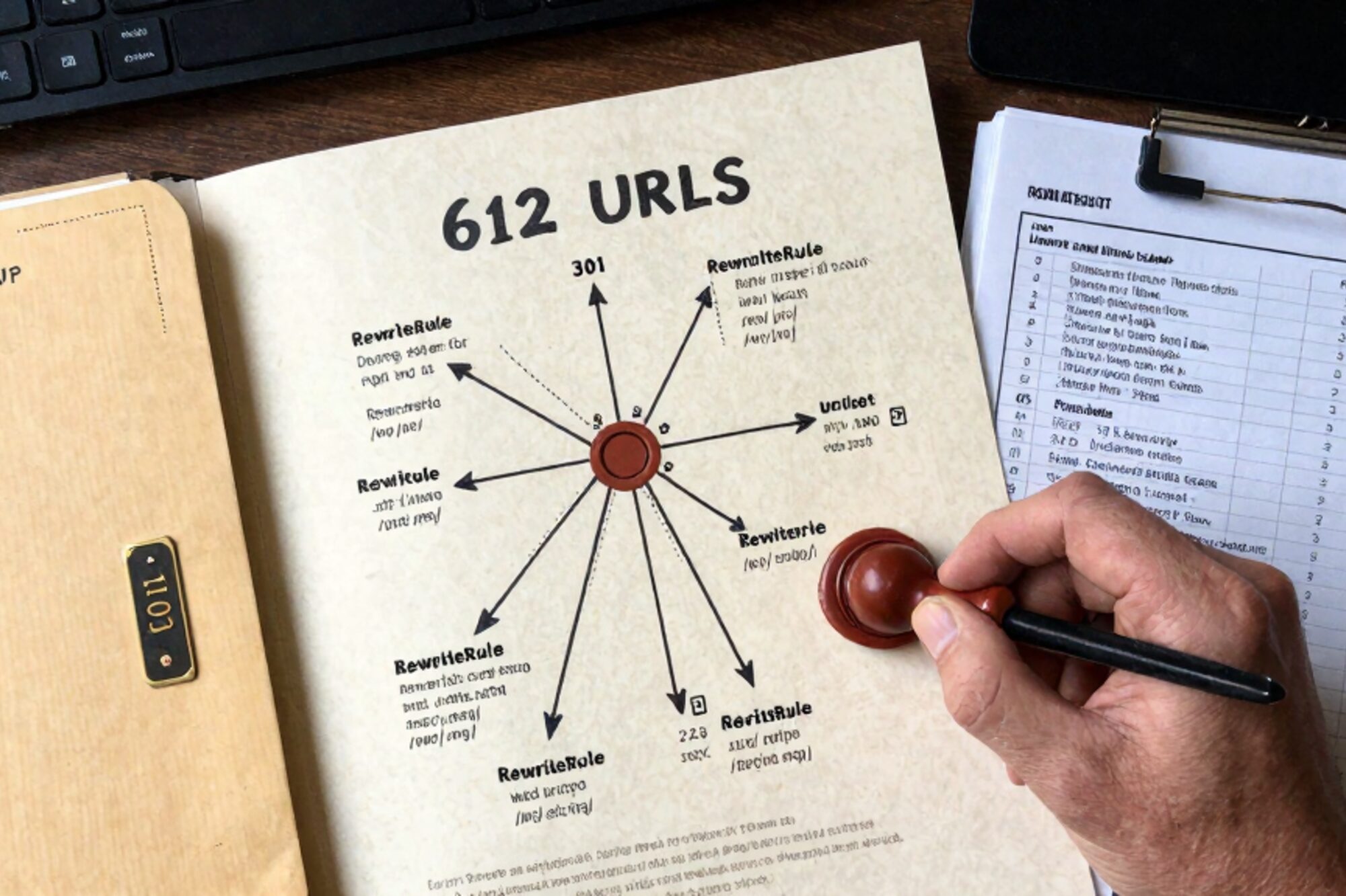 Overhead photo on bone linen: paper URL redirect map, 301 cheat-sheet, manila folder, brass plate, red wax seal.