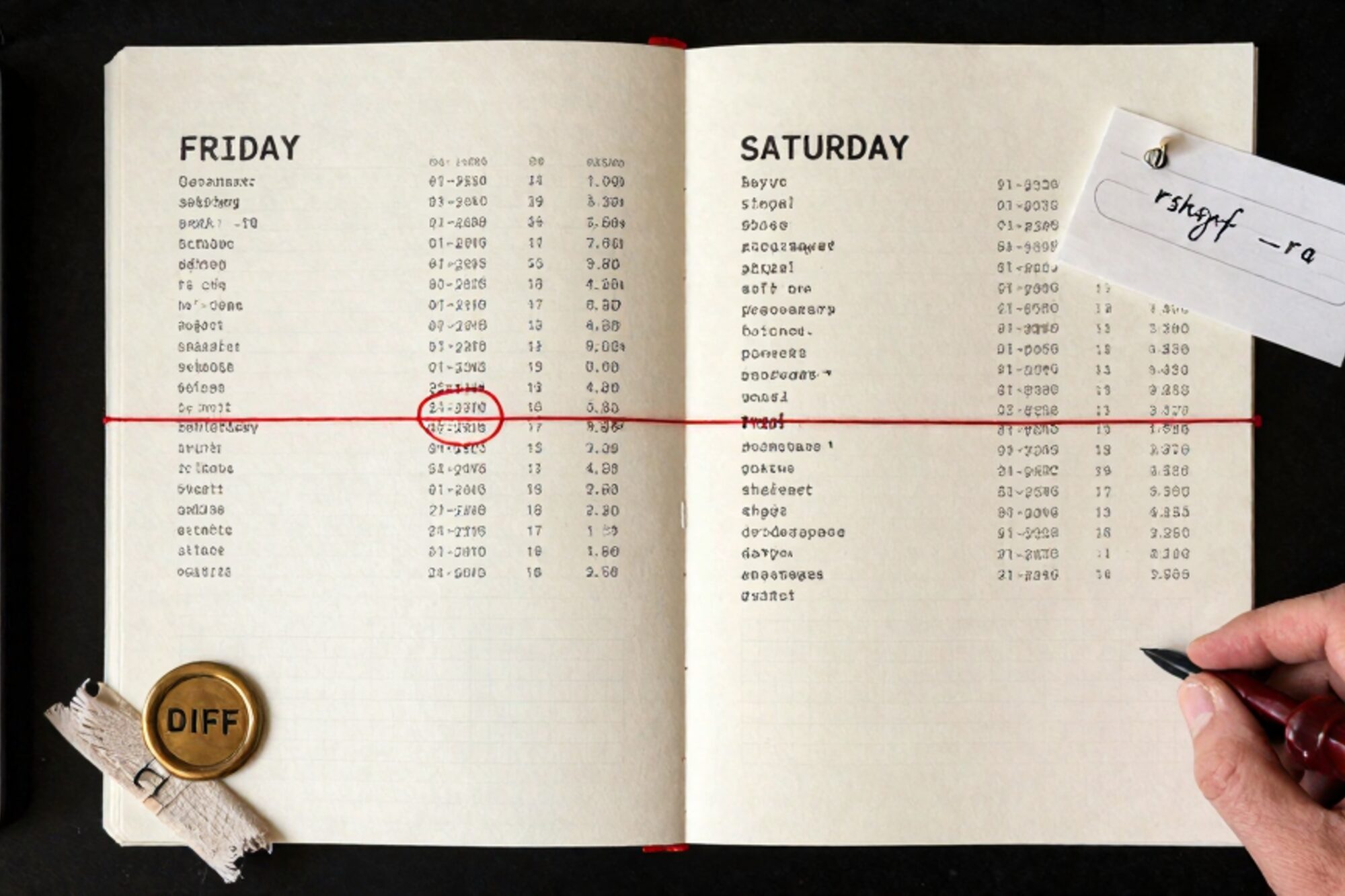 Two printed SFTP directory listings on graph paper labelled Friday and Saturday, red thread between them, brass DIFF plate, wax seal.