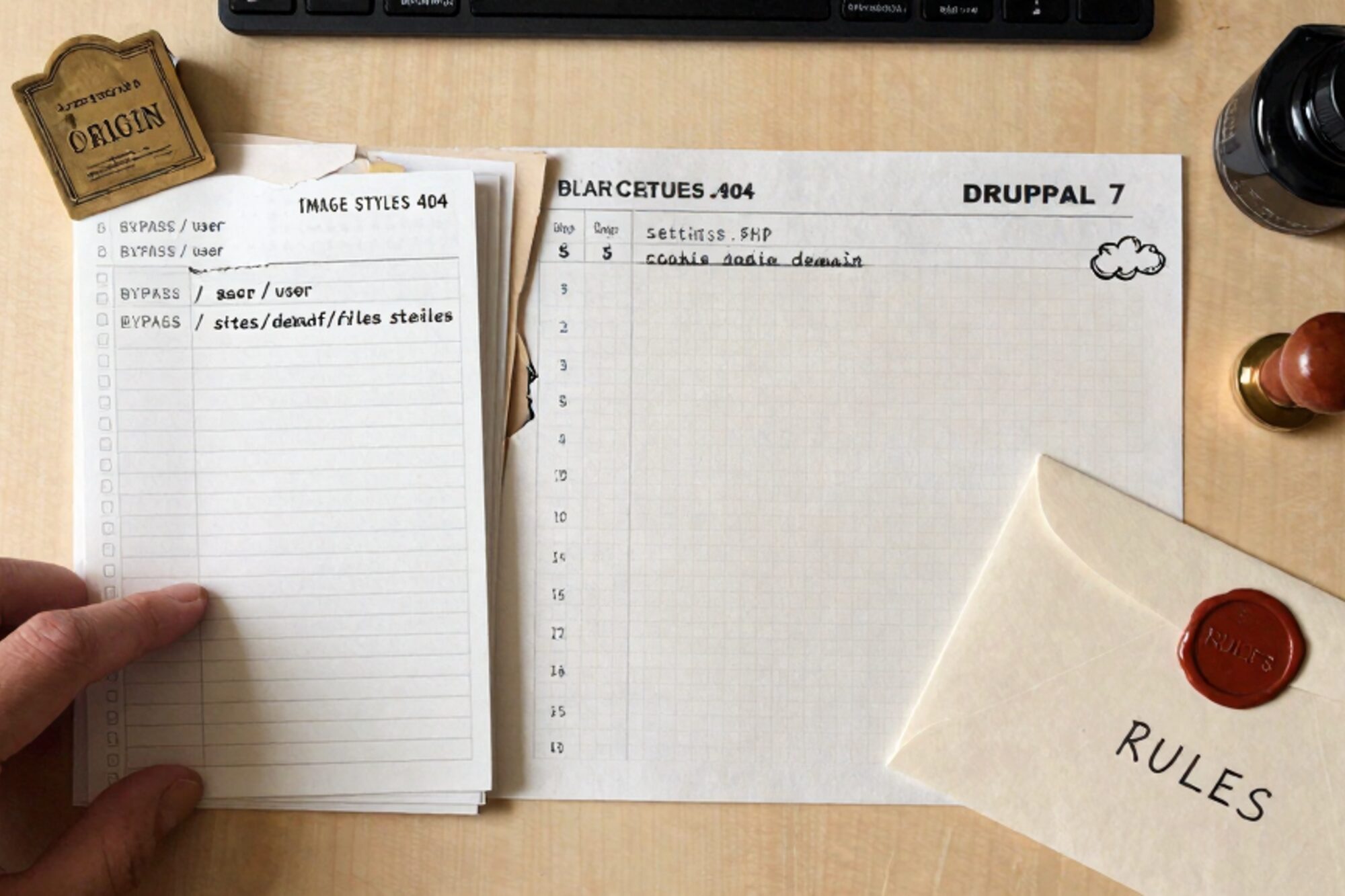 Overhead photo: handwritten Cloudflare cache-rule sheet, settings.php printout, Drupal 7 folder tab, wax seal on envelope.