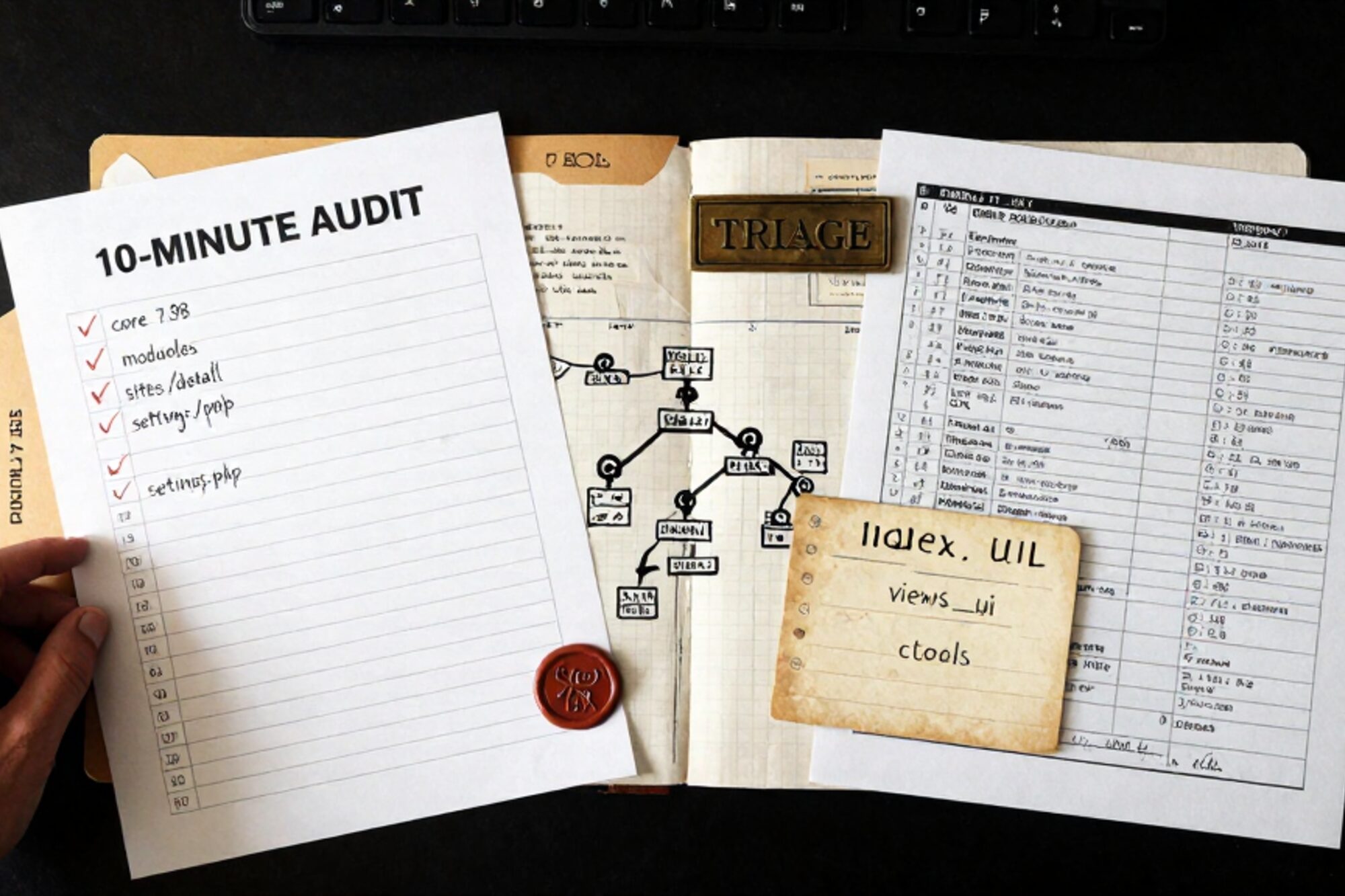 Overhead photo on bone linen: paper audit checklist, Drupal site-tree on graph paper, manila folder, brass triage plate, wax seal.