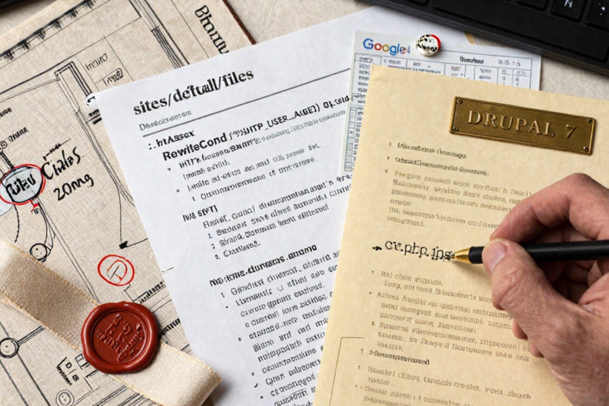 Overhead photo on bone linen: annotated sitemap, .htaccess sheet, manila folder, CV page, brass Drupal 7 plate, red wax seal.