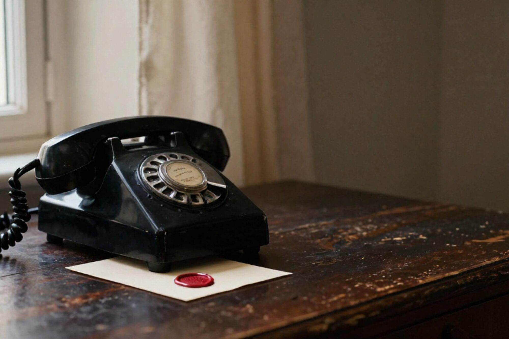 Vintage rotary phone receiver on worn leather blotter, coiled cable across dark oak desk, red wax seal on folded paper.