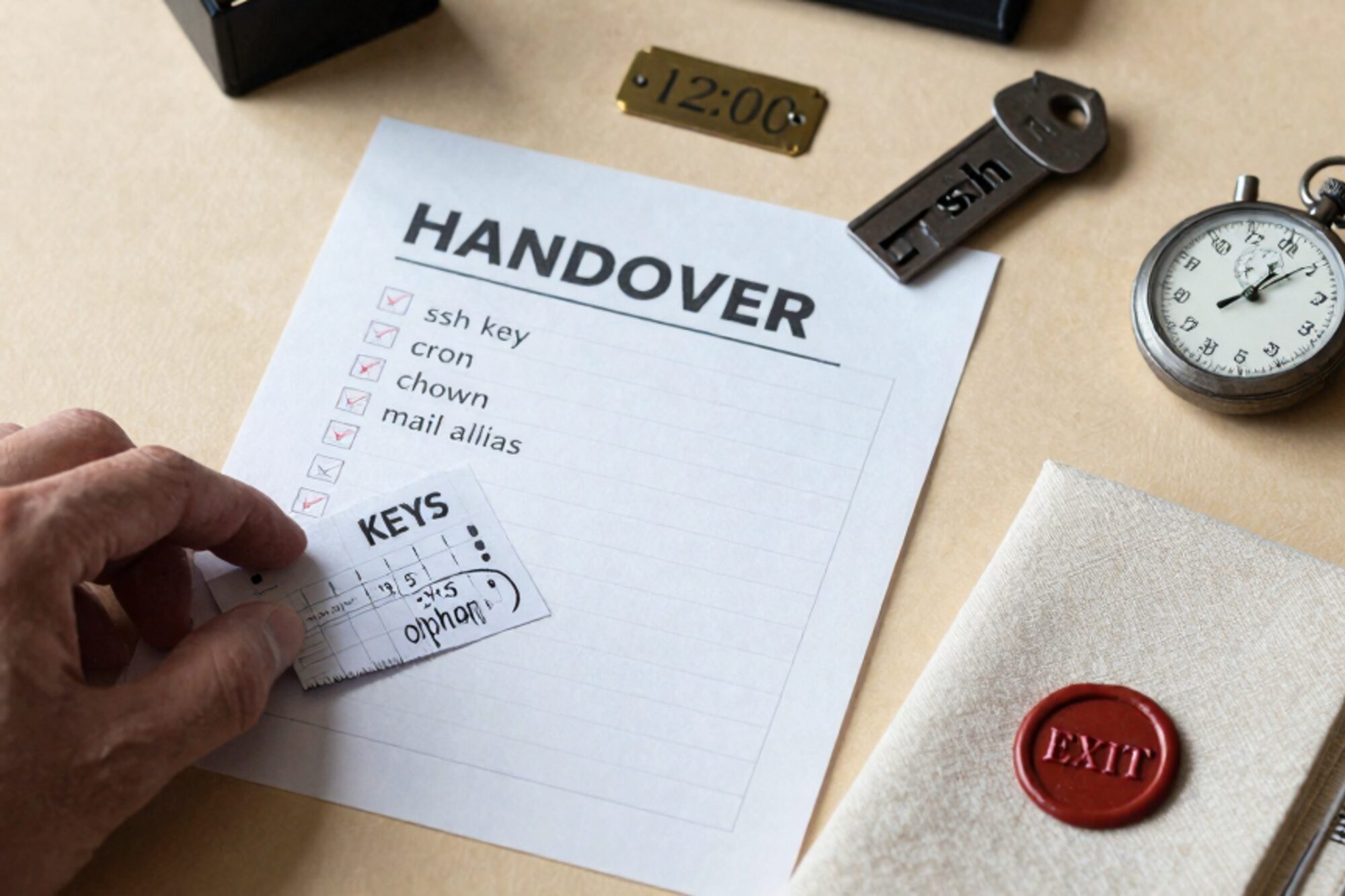 Overhead desk: handover checklist, manila KEYS folder, crontab strip, brass 12:00 plate, iron key, stopwatch, red wax seal.