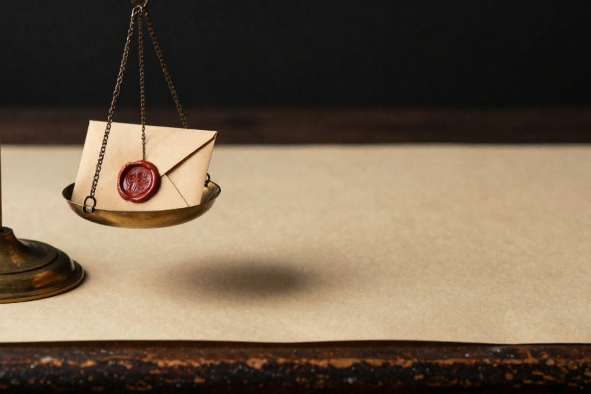 Brass weighing scale on bone-coloured paper, one pan empty, the other holding an envelope sealed with red wax.