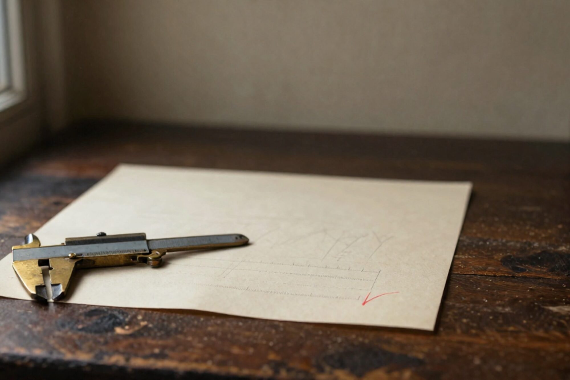Brass machinist calipers on cream paper template with pencil tick marks and red wax checkmark, dark oak surface.