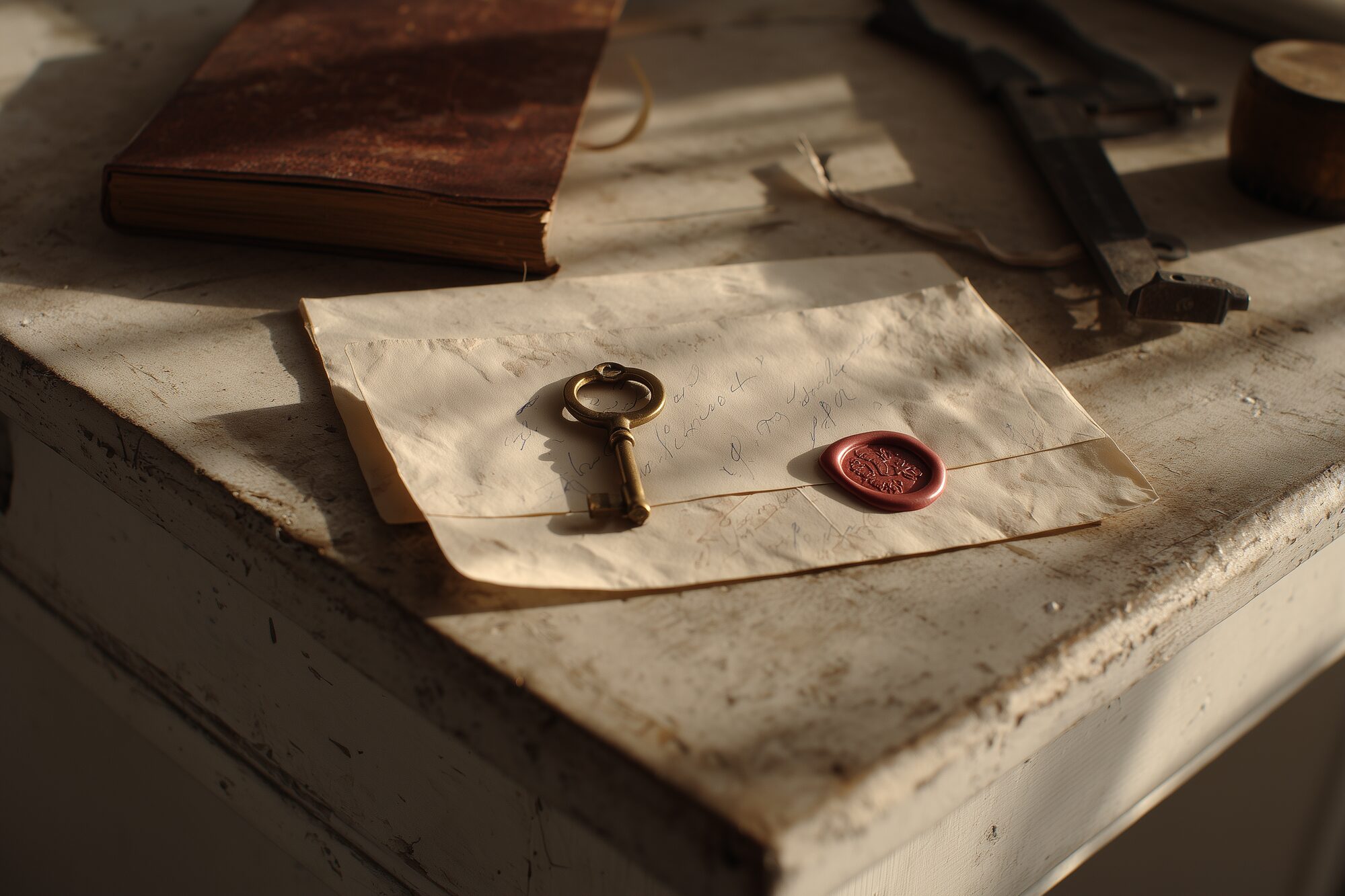 A brass key on an ivory paper card beside a clay-red wax seal, a leather rule book and a caliper on a bone workbench.