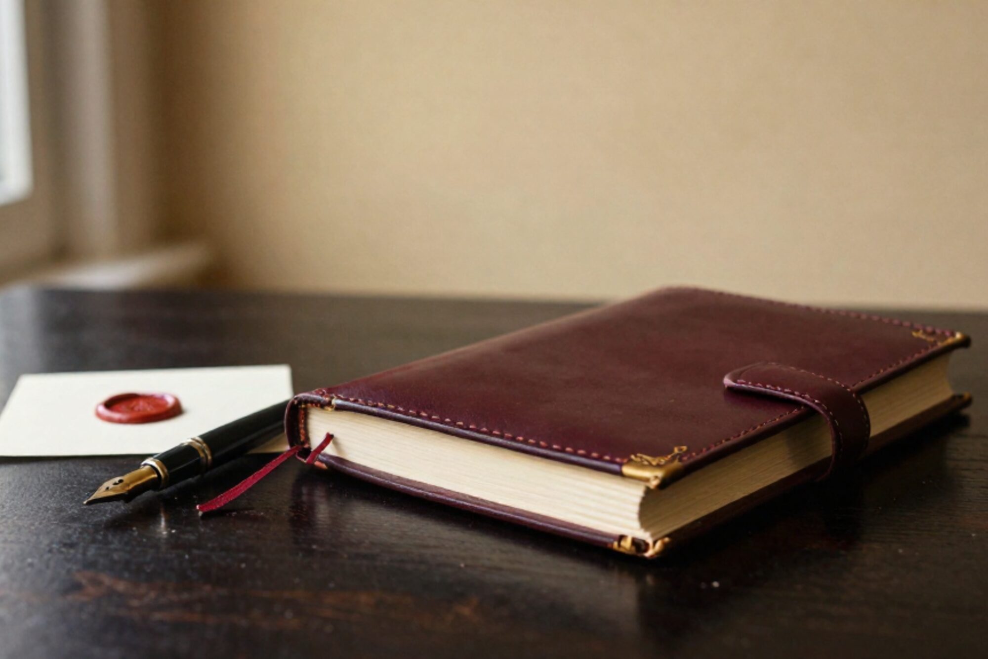 Closed burgundy leather logbook on dark oak desk, red ribbon marker, brass pen nib on wax-sealed cream card.