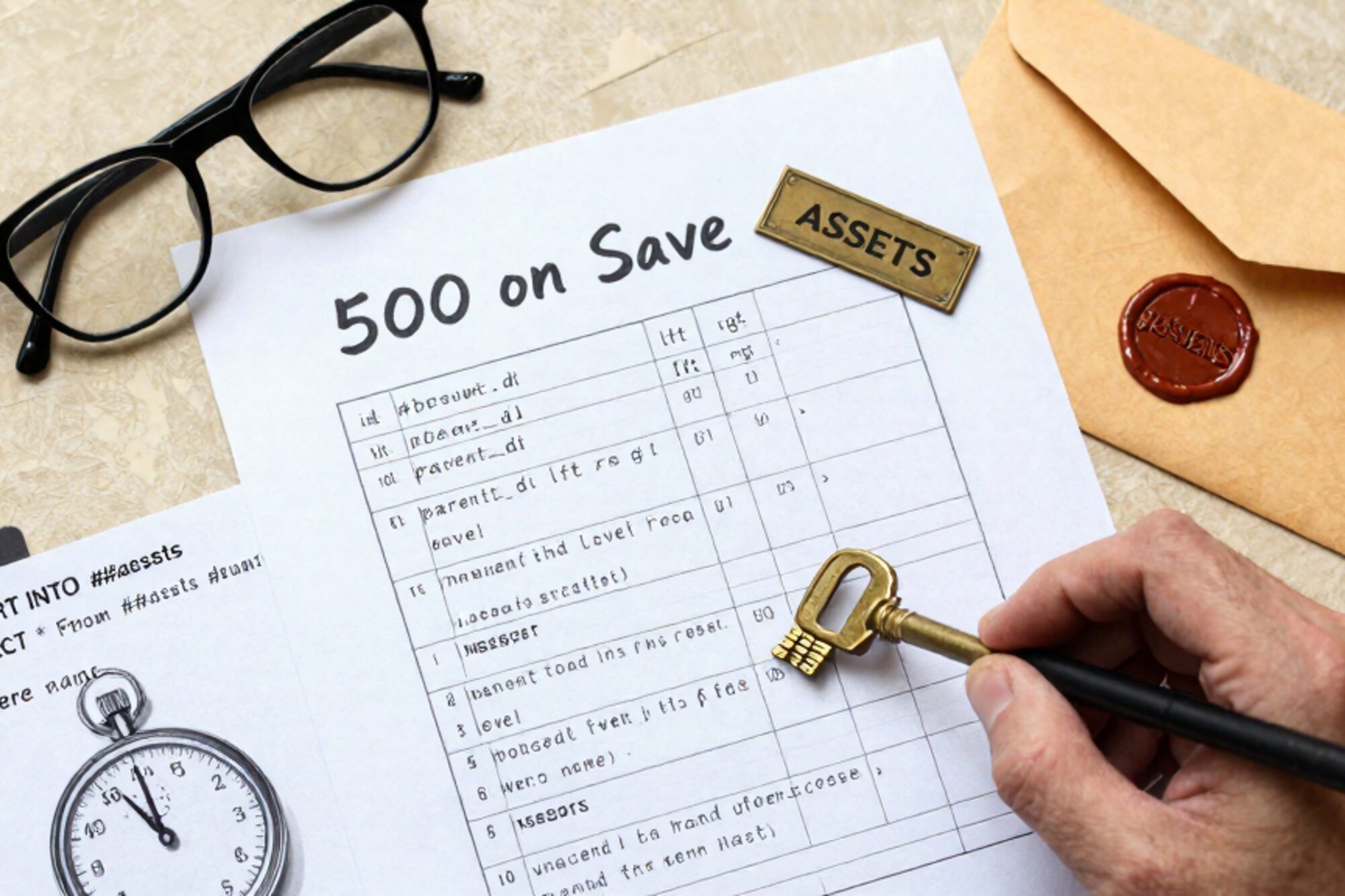 Overhead photo of handwritten Joomla incident sheet, assets table schematic, manila folder tab, brass key, wax seal envelope.