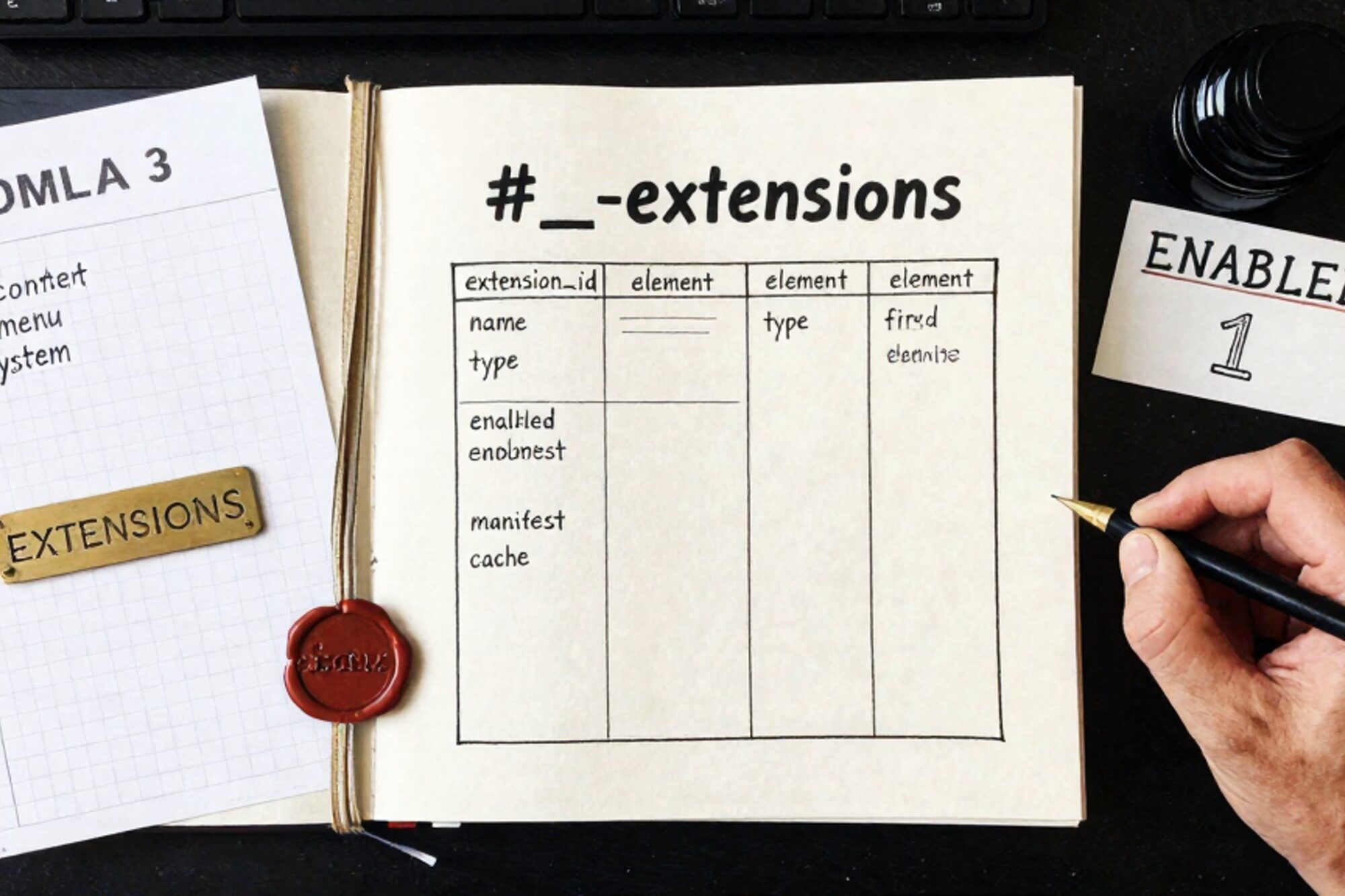 Overhead photo on bone linen: inked field guide '#__extensions', manila Joomla 3 folder, graph paper, brass plate, wax seal.