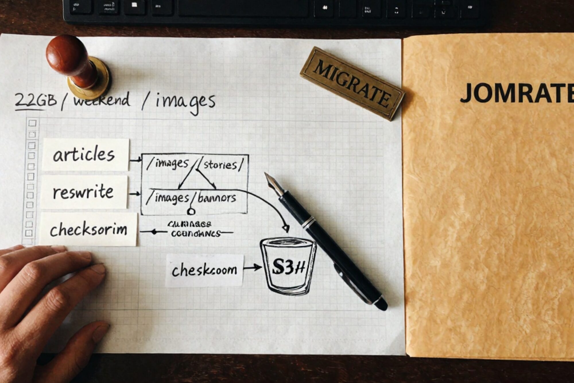 Overhead desk: graph-paper migration log, manila folder, ink directory tree to S3 bucket, index cards, brass plate, pen, wax seal.
