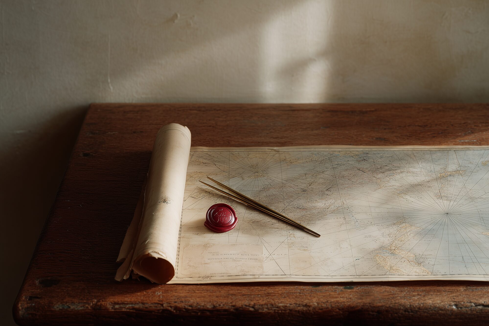 Rolled antique nautical chart on oak with brass dividers and a small red wax seal on a paper tag.