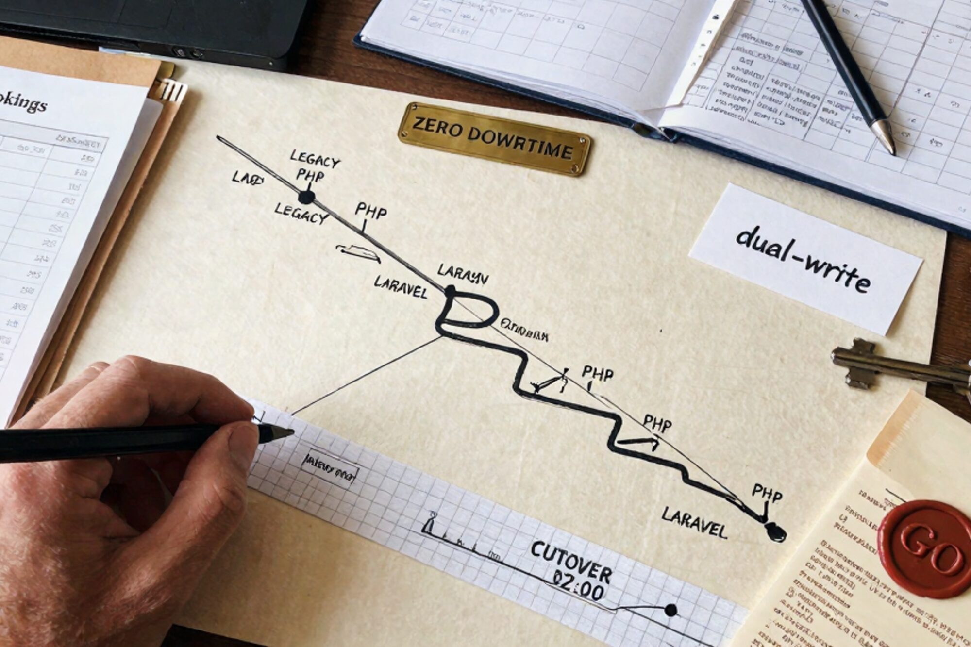 Overhead still life of inked migration plan, Gantt strip, manila folder, brass plate, wax seal on linen.