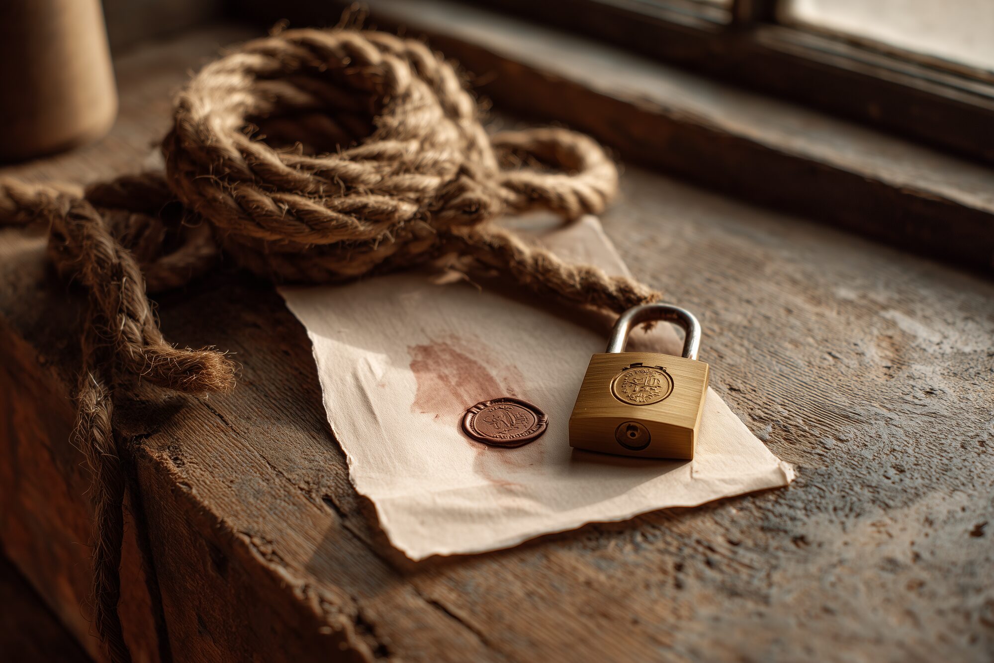 Messing hangslot op papieren kaart met lakzegel, geteerd touw en rood lint op eiken werkbank.