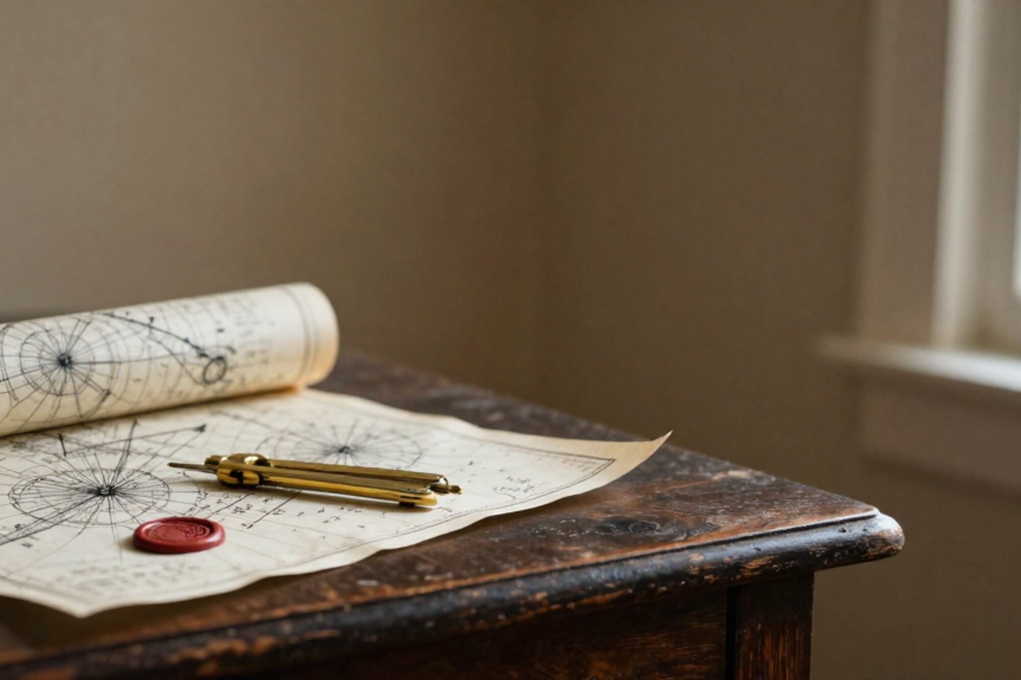 Antique nautical chart on dark oak table with brass dividers and small red wax seal beside a paper tag.
