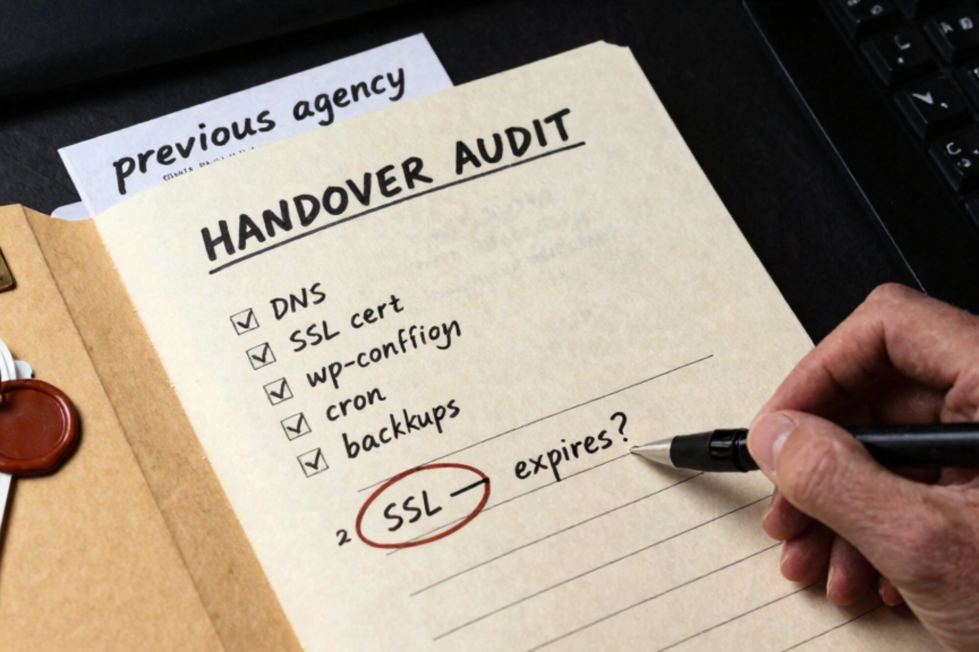 Overhead shot of inked handover audit checklist, manila folder, WHOIS slip, brass plate, tagged keys, wax-sealed inventory on linen.