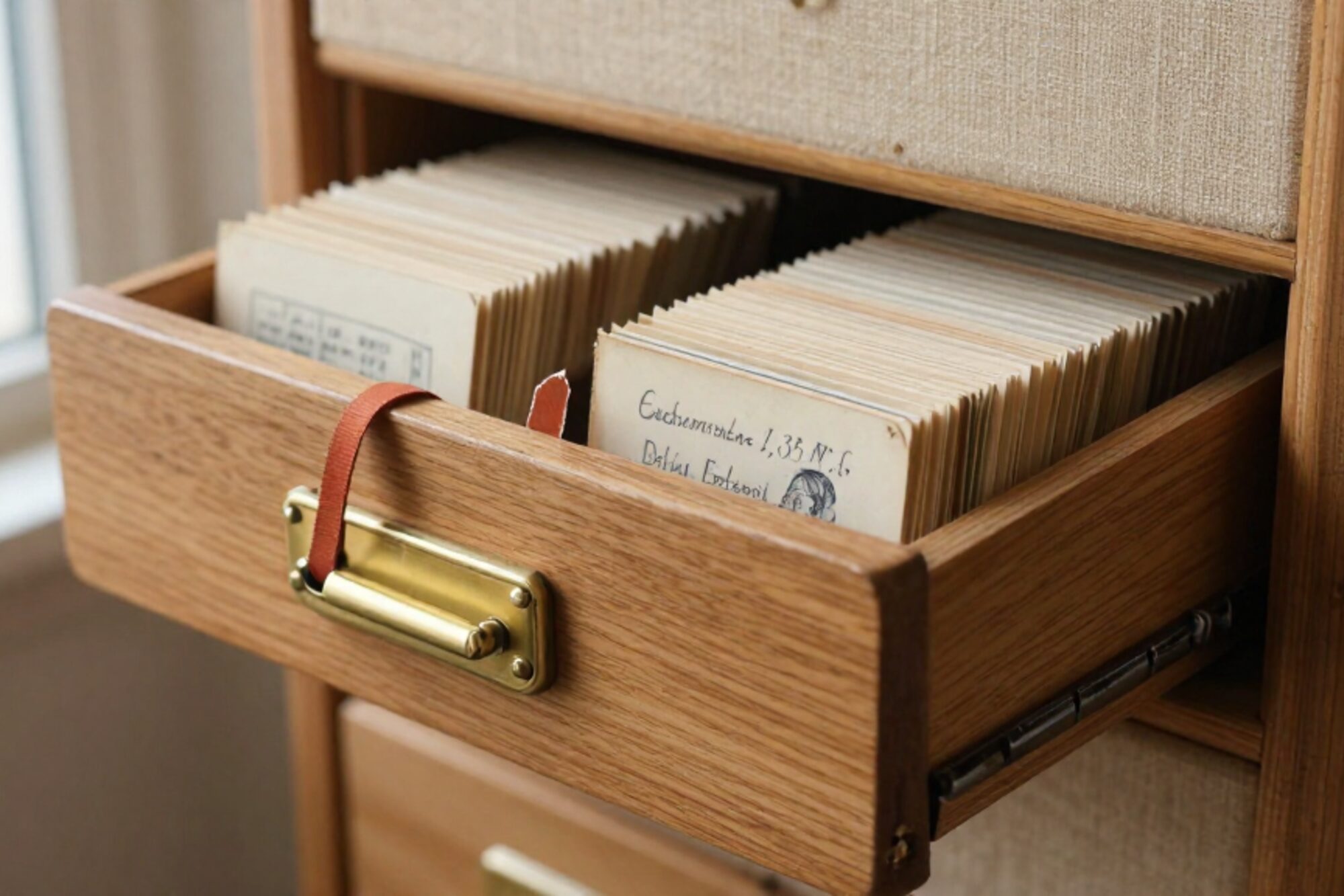 Open wooden card-index drawer on linen, brass label-holder, fanned index cards, clay-red ribbon on one card.