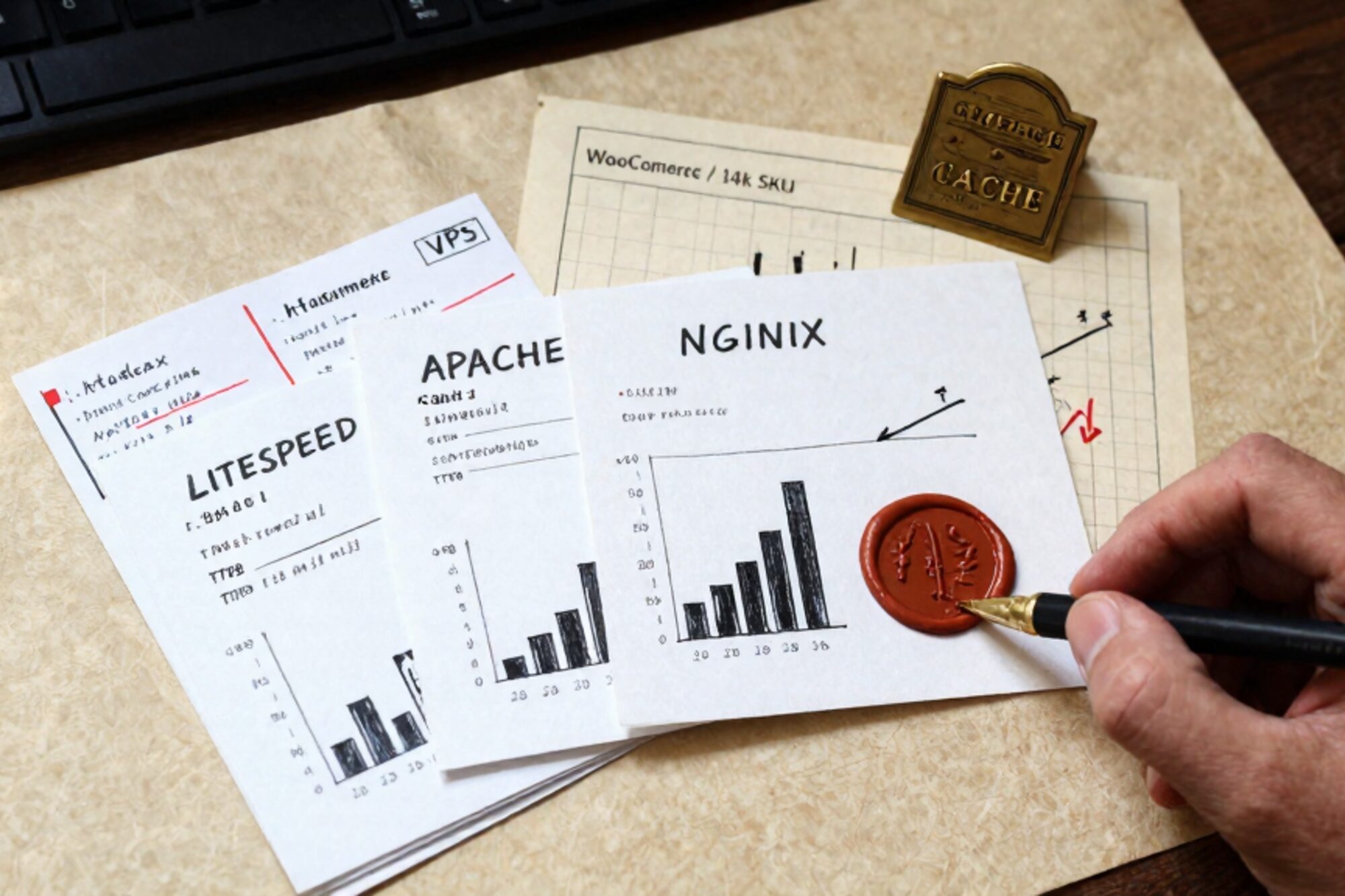Overhead still life on bone linen: stacked benchmark cards, vhost printout, graph-paper sheet, brass CACHE plate, red wax seal.