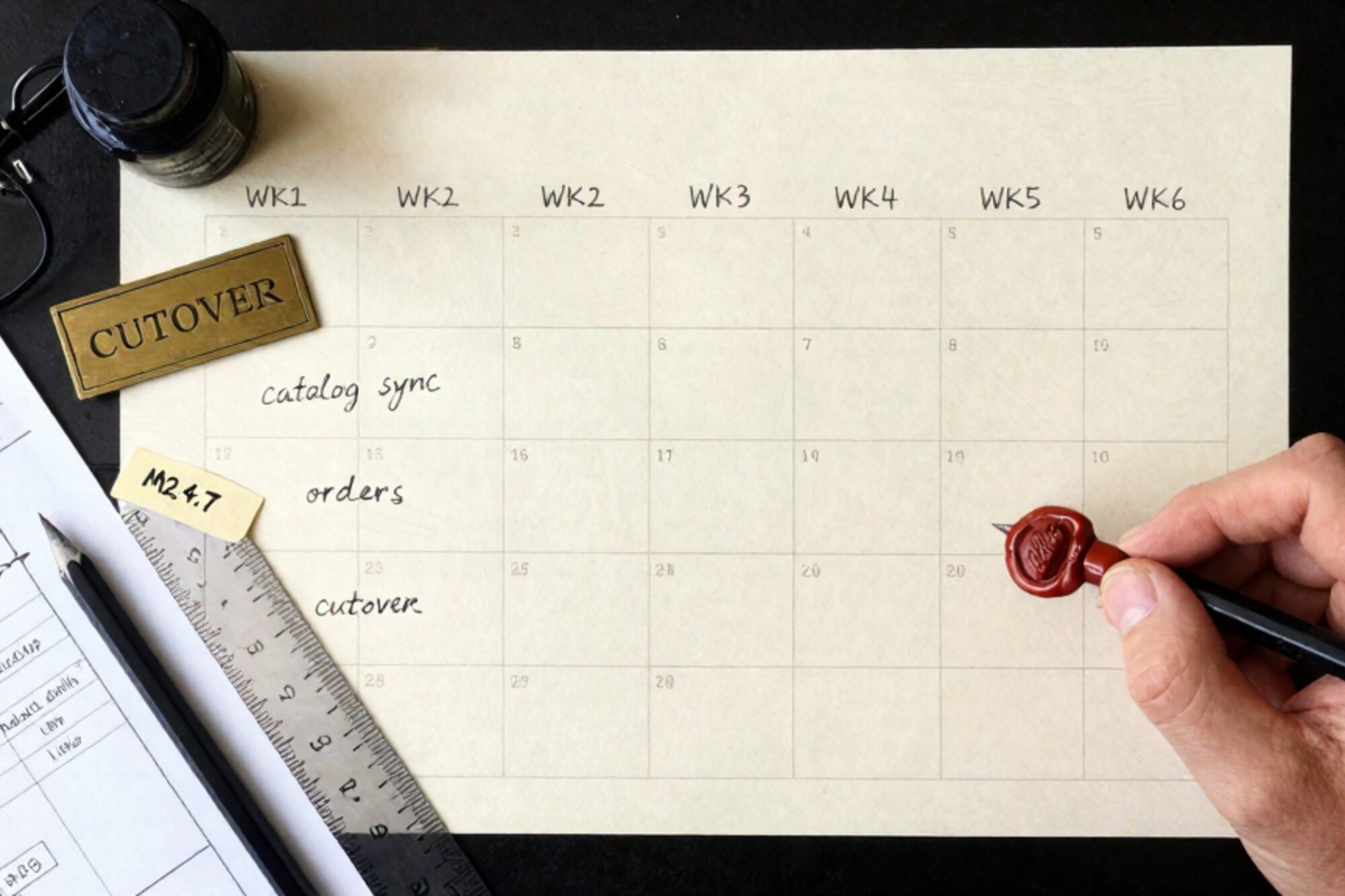 Overhead view of a six-week paper cutover calendar, Magento migration run-sheet, brass plate, wax seal, ruler, pencil on linen.