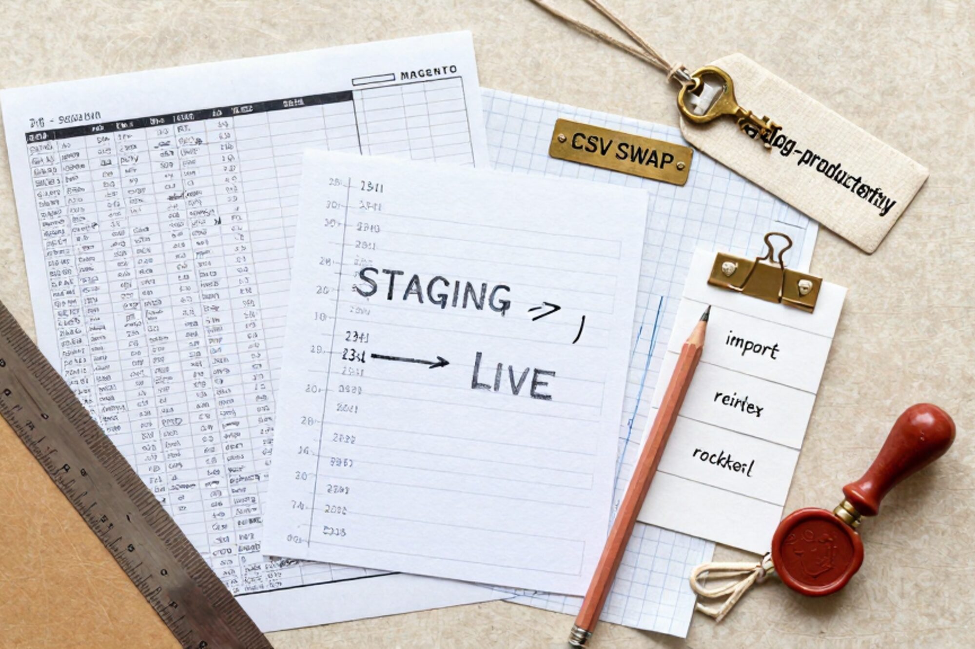 Overhead shot of printed CSV sheet, manila folder, brass key, ruler, red pencil, index cards, wax seal on linen.