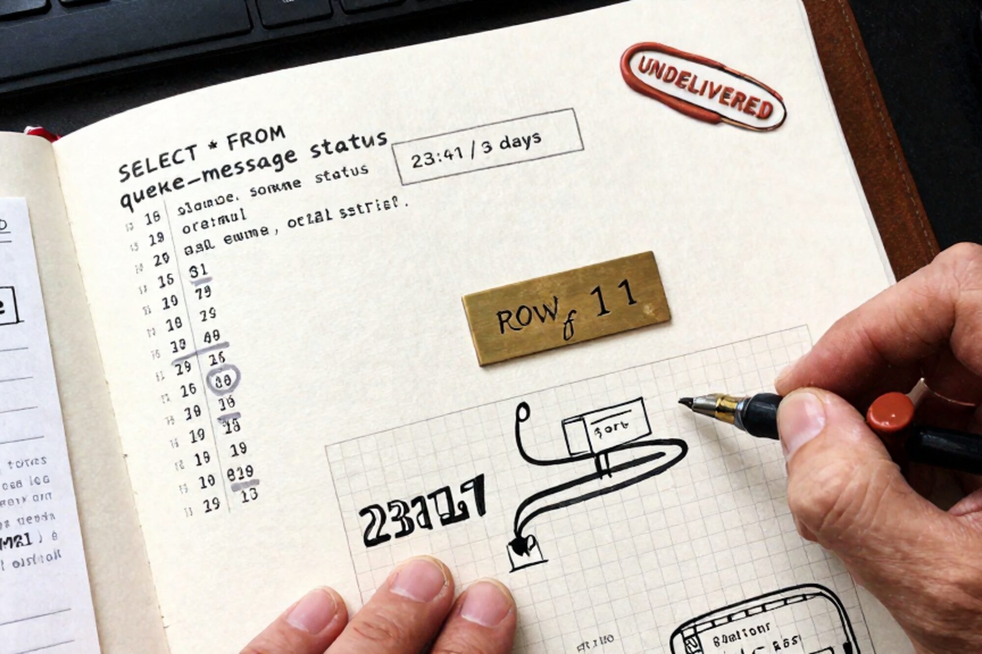 Overhead photo on bone linen: Magento queue-debug worksheet, SQL notes, UNDELIVERED email printout, manila folder, red wax seal.