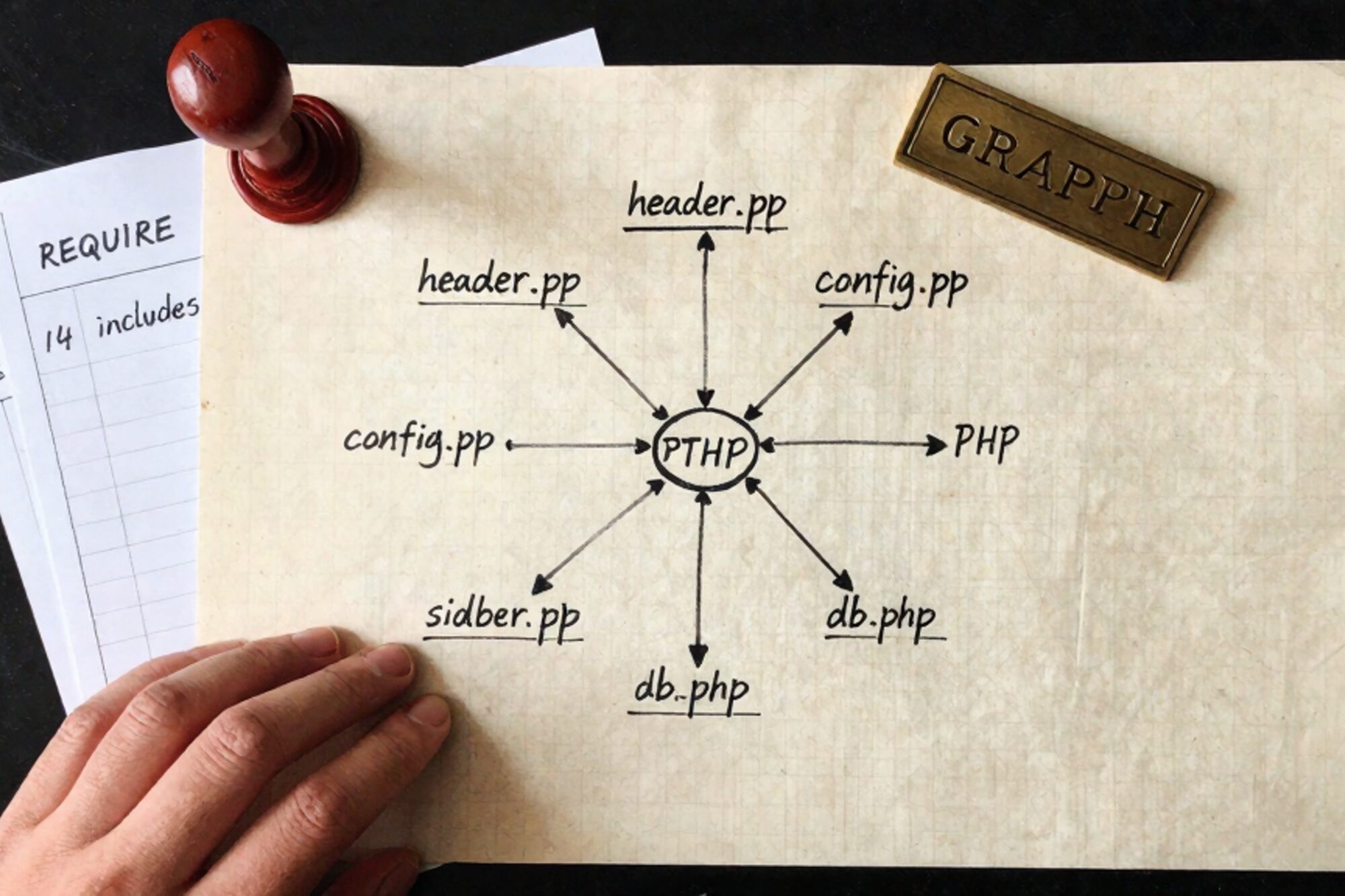 Hand-drawn PHP include graph on graph paper with ink nodes, tally sheet, manila tabs, brass plate, red wax seal.