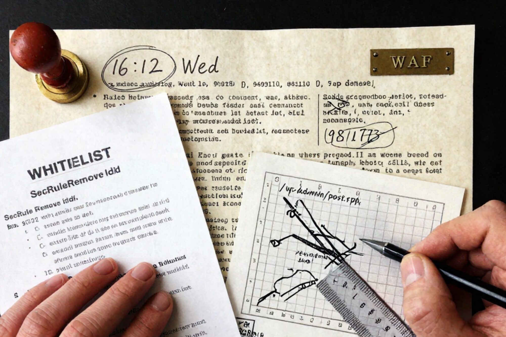 Overhead photo of mod_security audit log printouts, whitelist folder, WAF brass plate, ruler, pencil on bone linen.