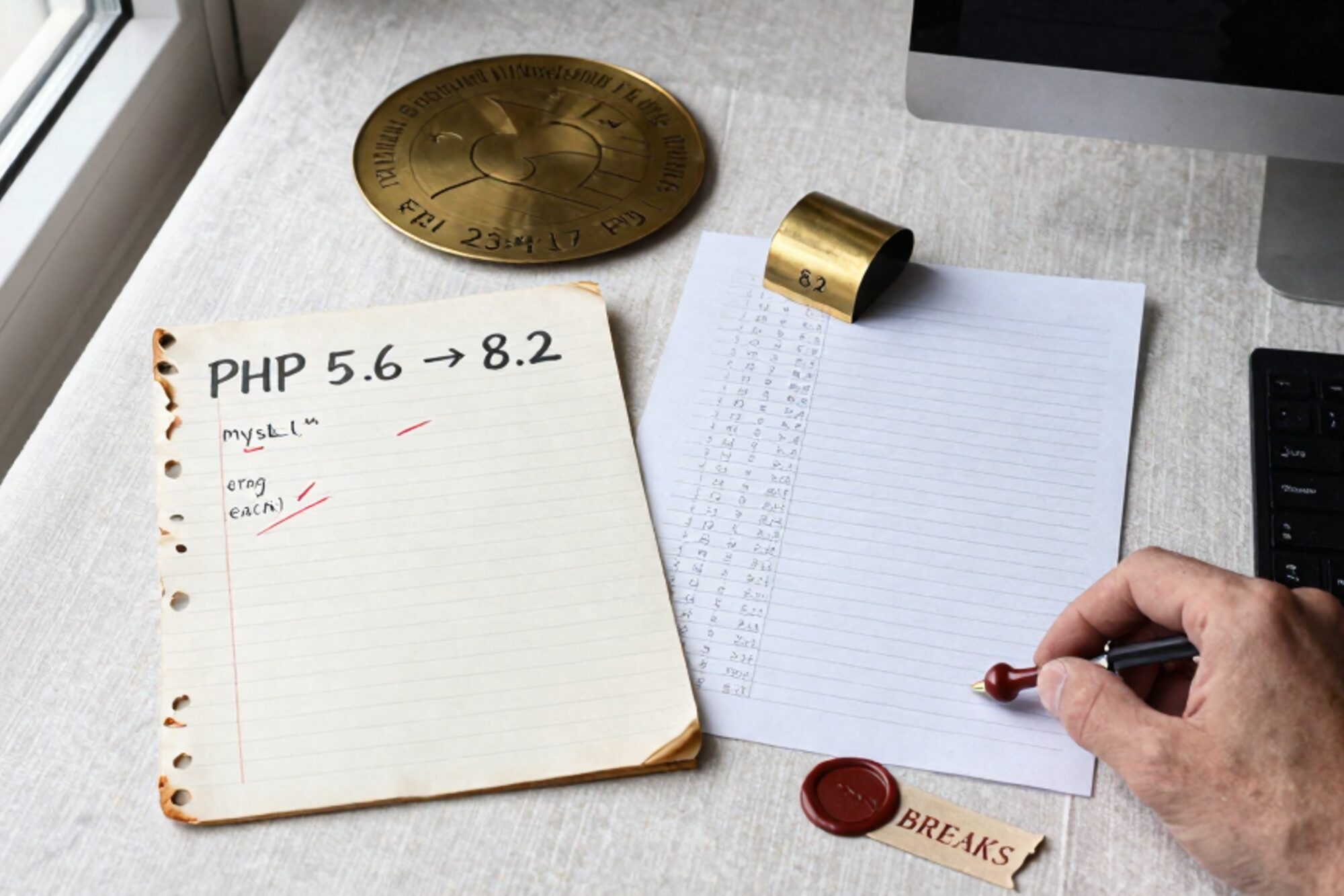 Flat-lay of a paper ledger titled PHP 5.6 to 8.2, stencilled printouts with red strike-throughs, brass paperweight on oak.