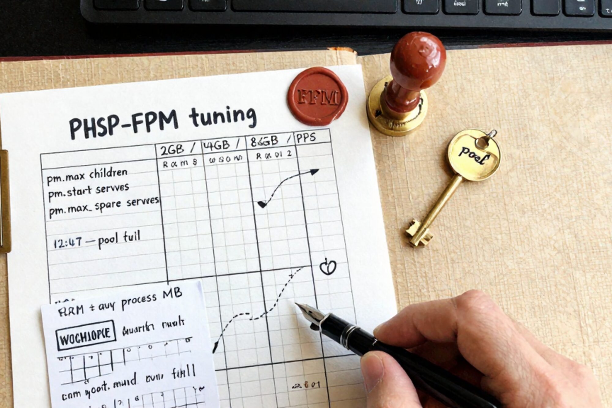 Overhead still life on bone linen: PHP-FPM tuning worksheet, manila folder, brass key, fountain pen, red wax seal.