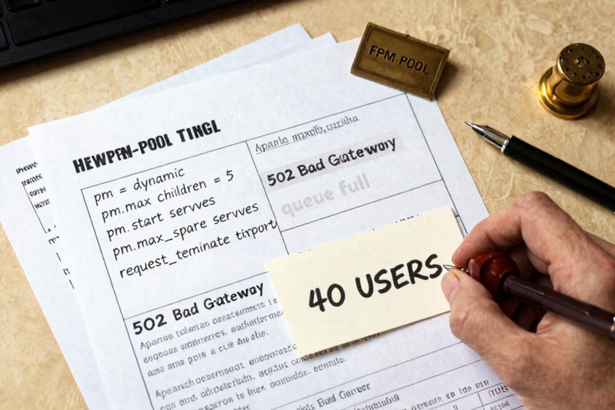 Overhead photo of paper PHP-FPM tuning worksheet, Apache 502 log sheet, brass FPM POOL plate, wax seal on bone linen.