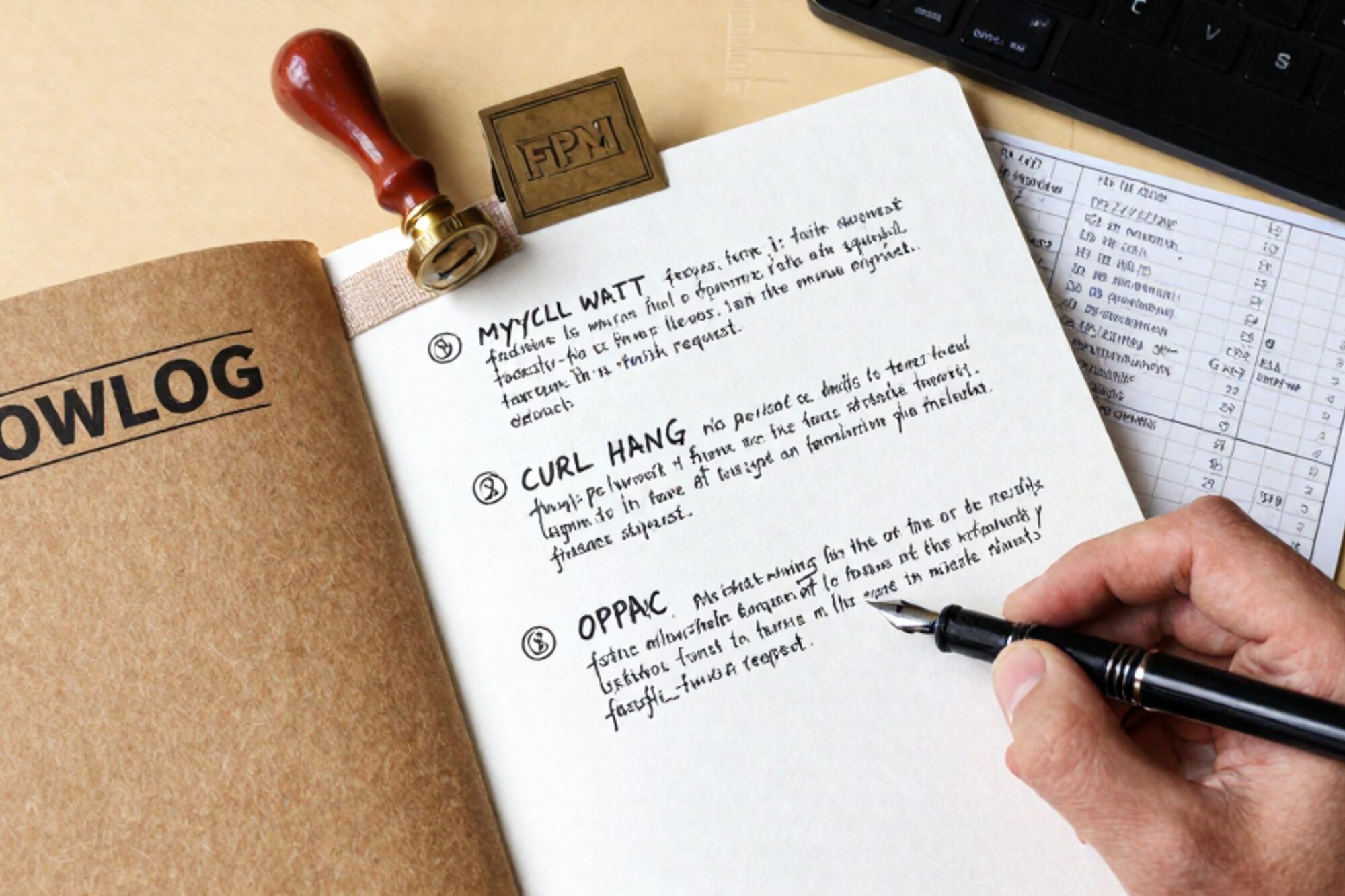 Printed php-fpm slowlog on bone linen with ink-marked stack traces, manila folder, fountain pen, wax seal.
