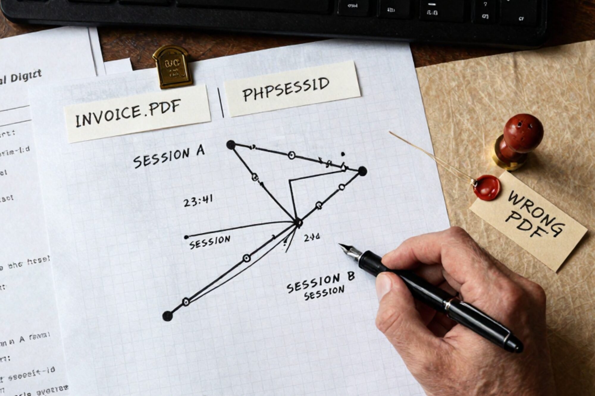 Overhead photo on bone linen: timing diagram, manila INVOICE.PDF tab, PHP run-sheet, carbon invoices, brass RACE plate, wax seal.