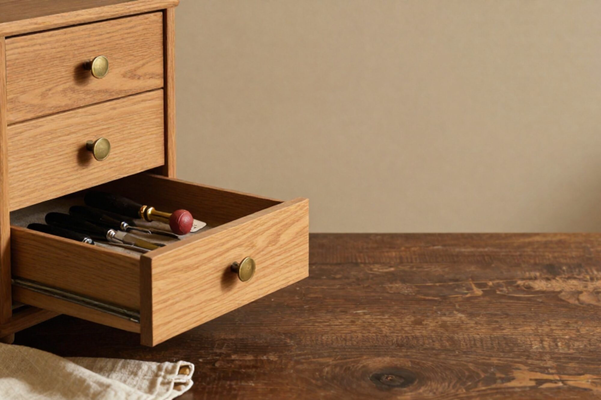 Half-open oak drawer with brass pulls, bone-handled engraver's tools on felt, one tag with red wax seal.