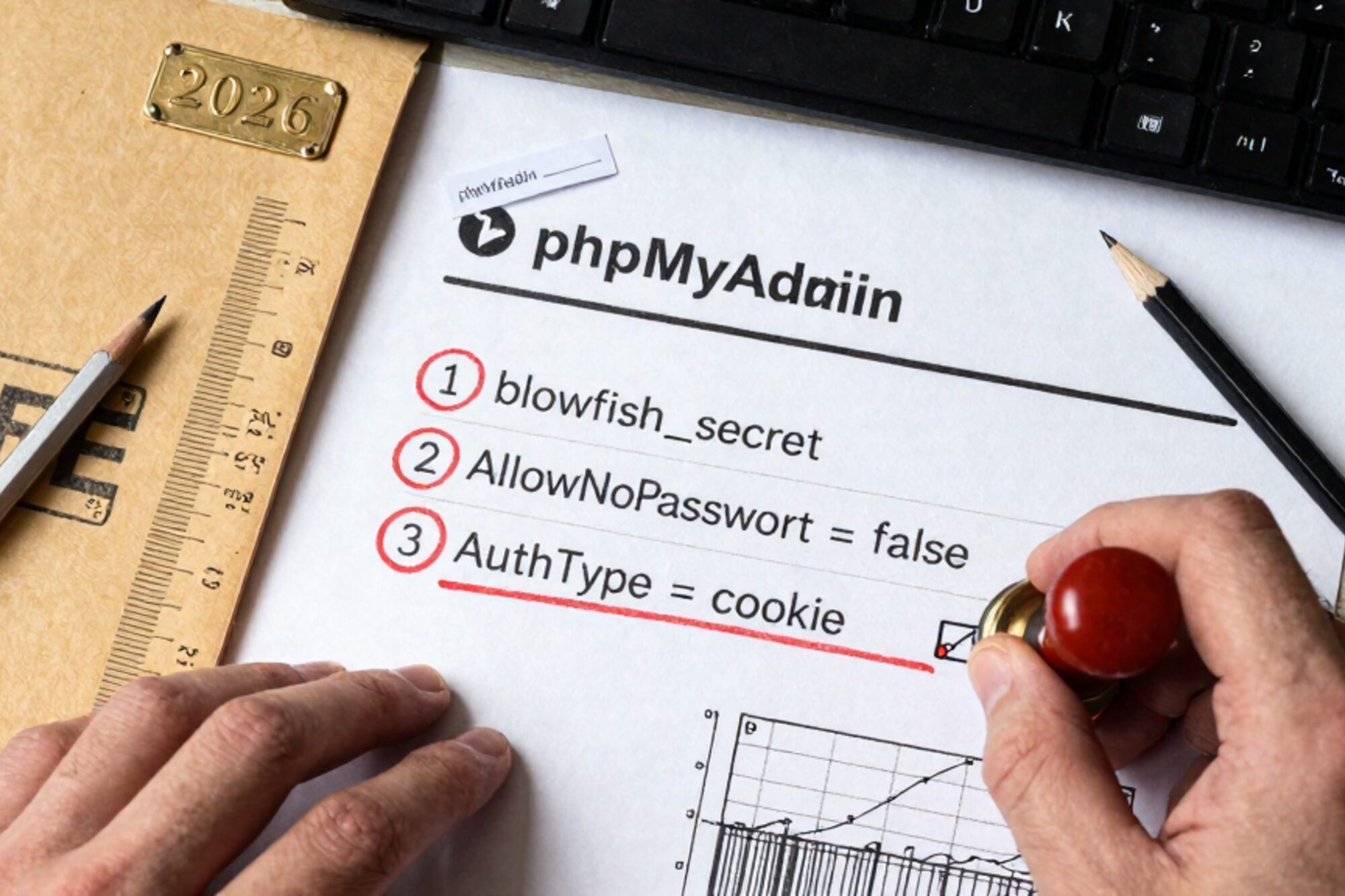Overhead shot of phpMyAdmin config sheet on bone linen with red-circled lines, brass plate, manila folder, ruler, pencil, wax seal.