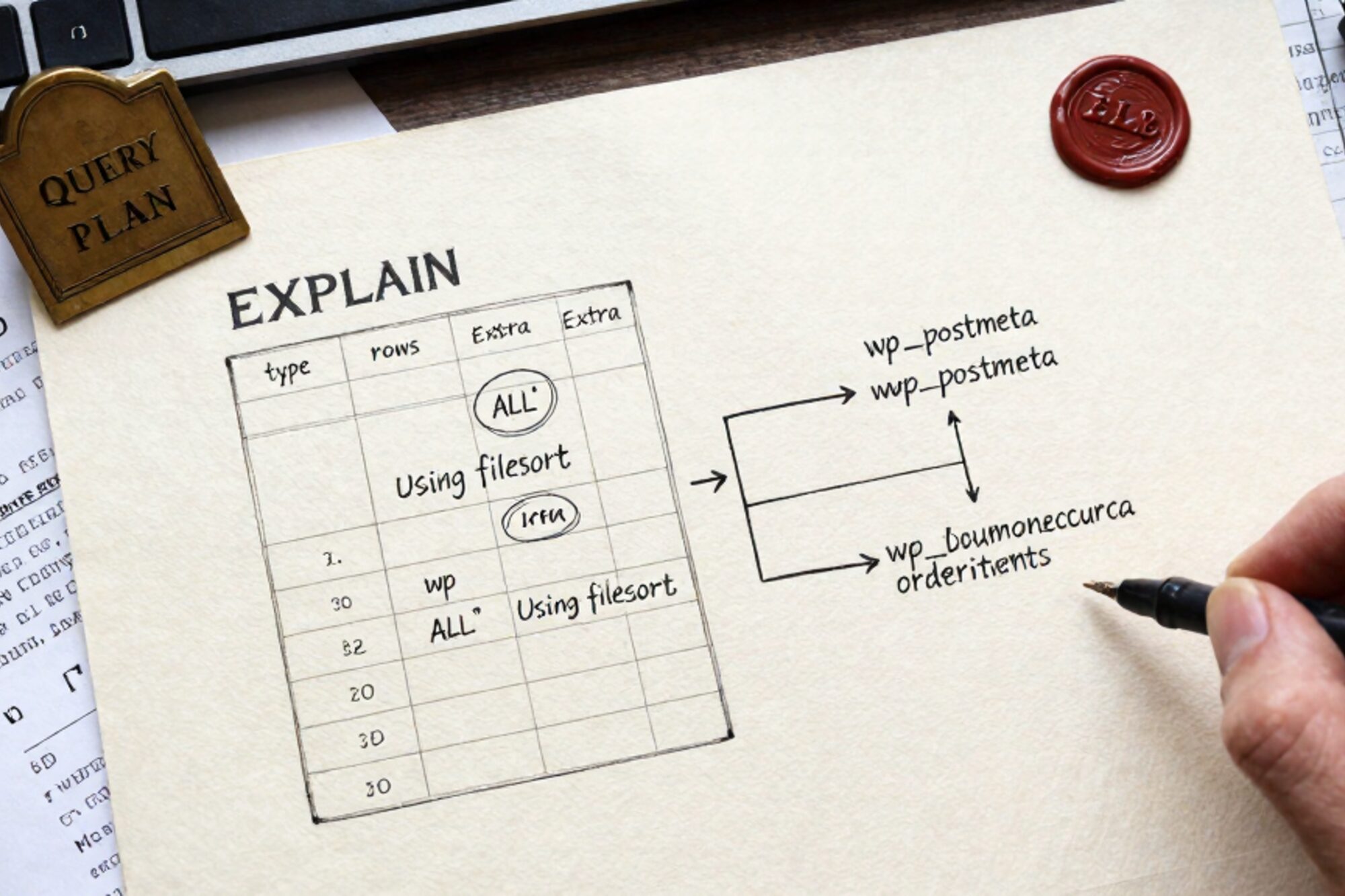 Overhead photo of paper EXPLAIN printout, hand-drawn ER diagram, manila folder, brass plate, wax stamp on linen.