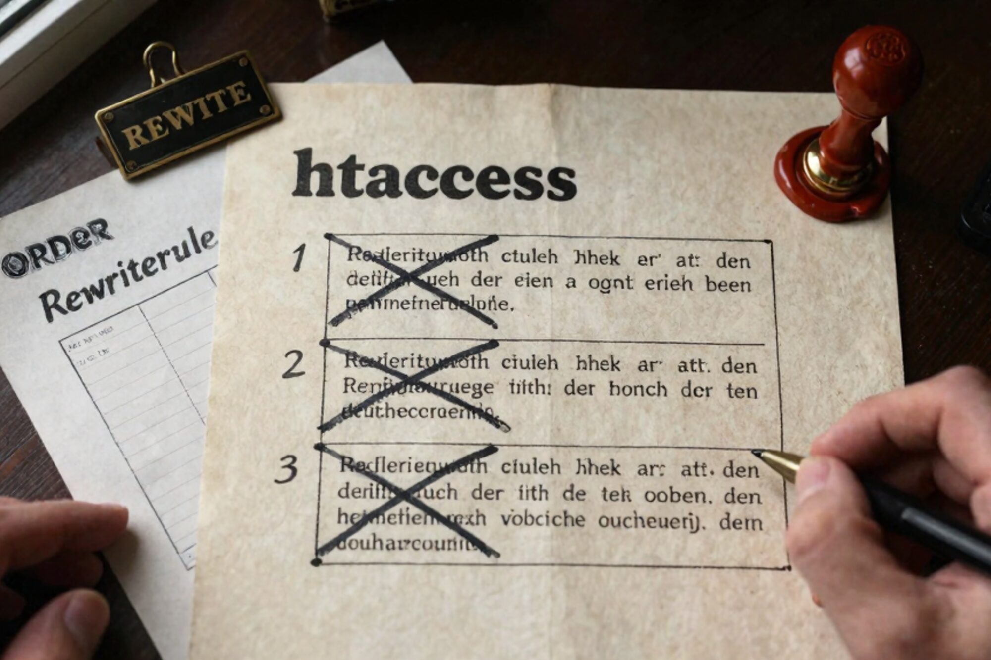 Top-down photo of aged .htaccess printout with crossed-out RewriteRule lines, brass plate, manila tab, red wax seal on linen.
