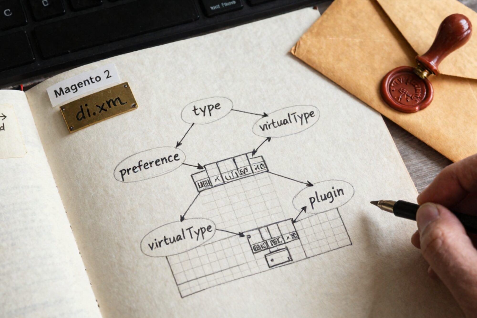 Overhead photo of paper di.xml schematic, manila folder, dependency tree, brass plate, red wax seal on linen.
