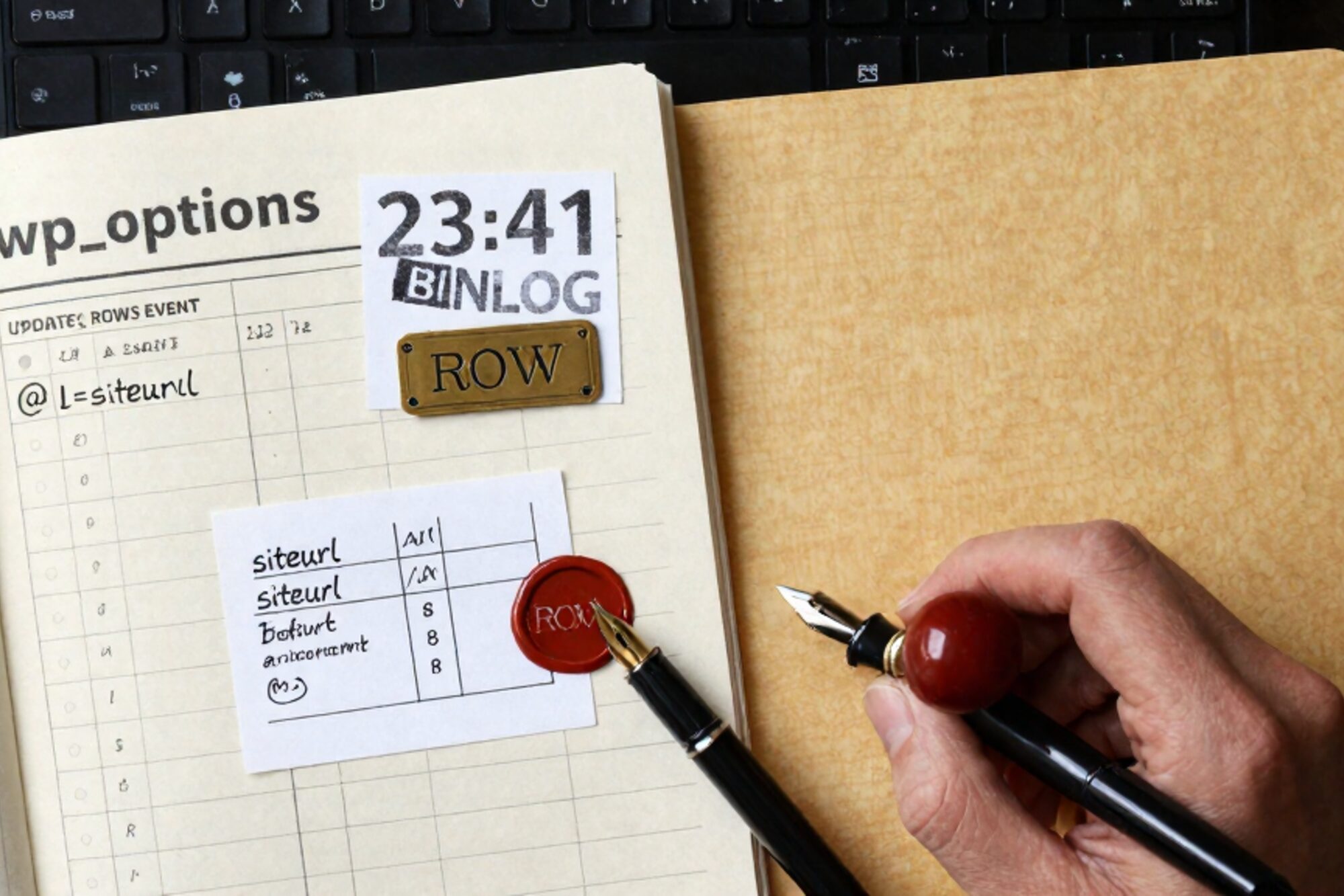Overhead photo on bone linen: mysqlbinlog run-sheet, wp_options folder tab, index card, brass ROW plate, fountain pen, red wax seal.
