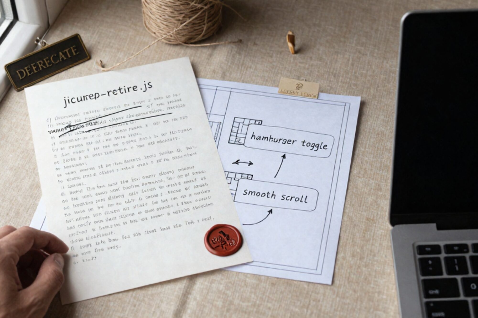 Flat-lay on bone linen: inked script crossing out jQuery, folded blueprint with arrows, manila tab, brass plate, wax seal.