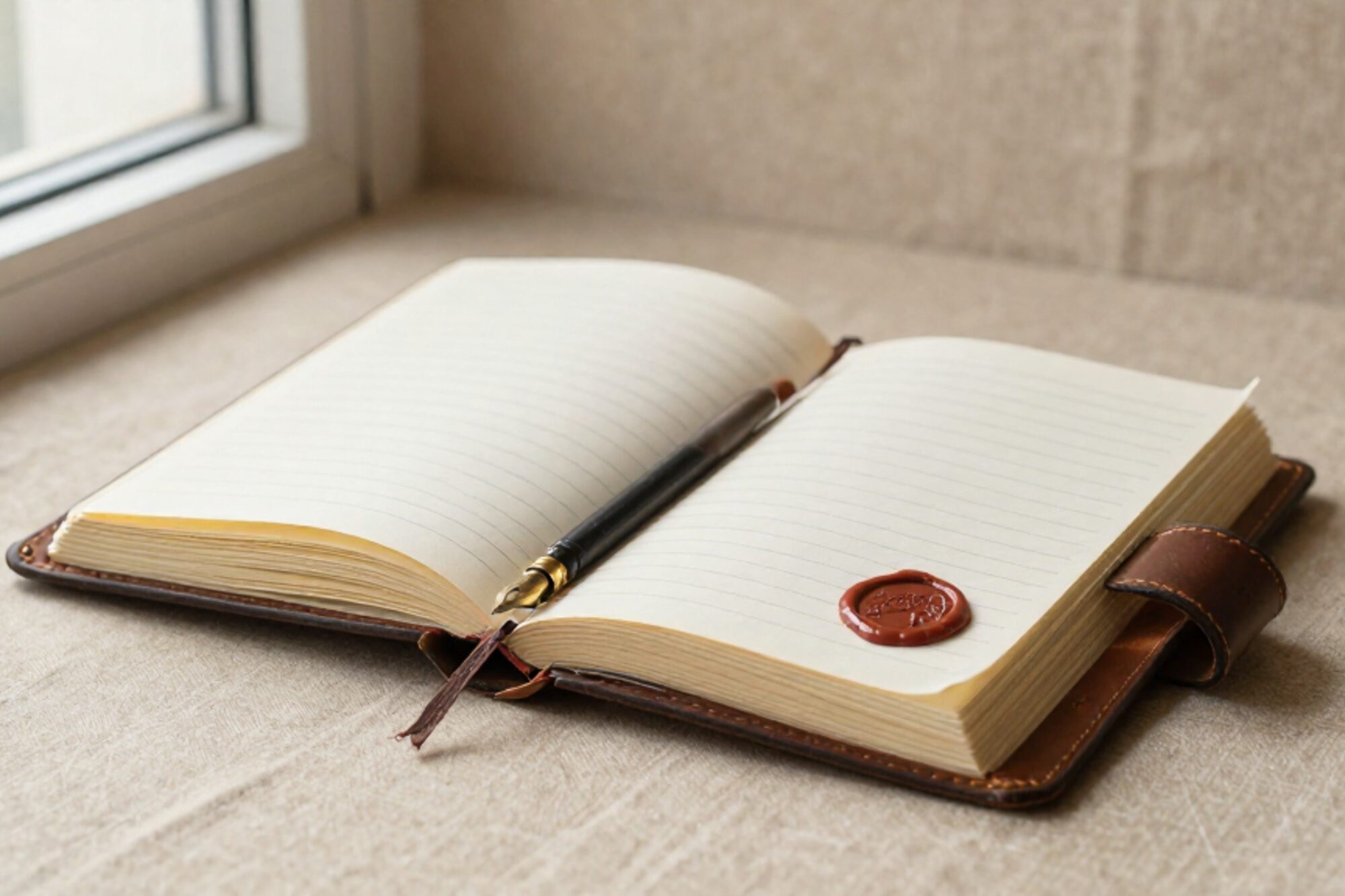 Open leather logbook with ribbon marker on dark oak, brass pen nib, red wax seal on folded paper, soft window light.
