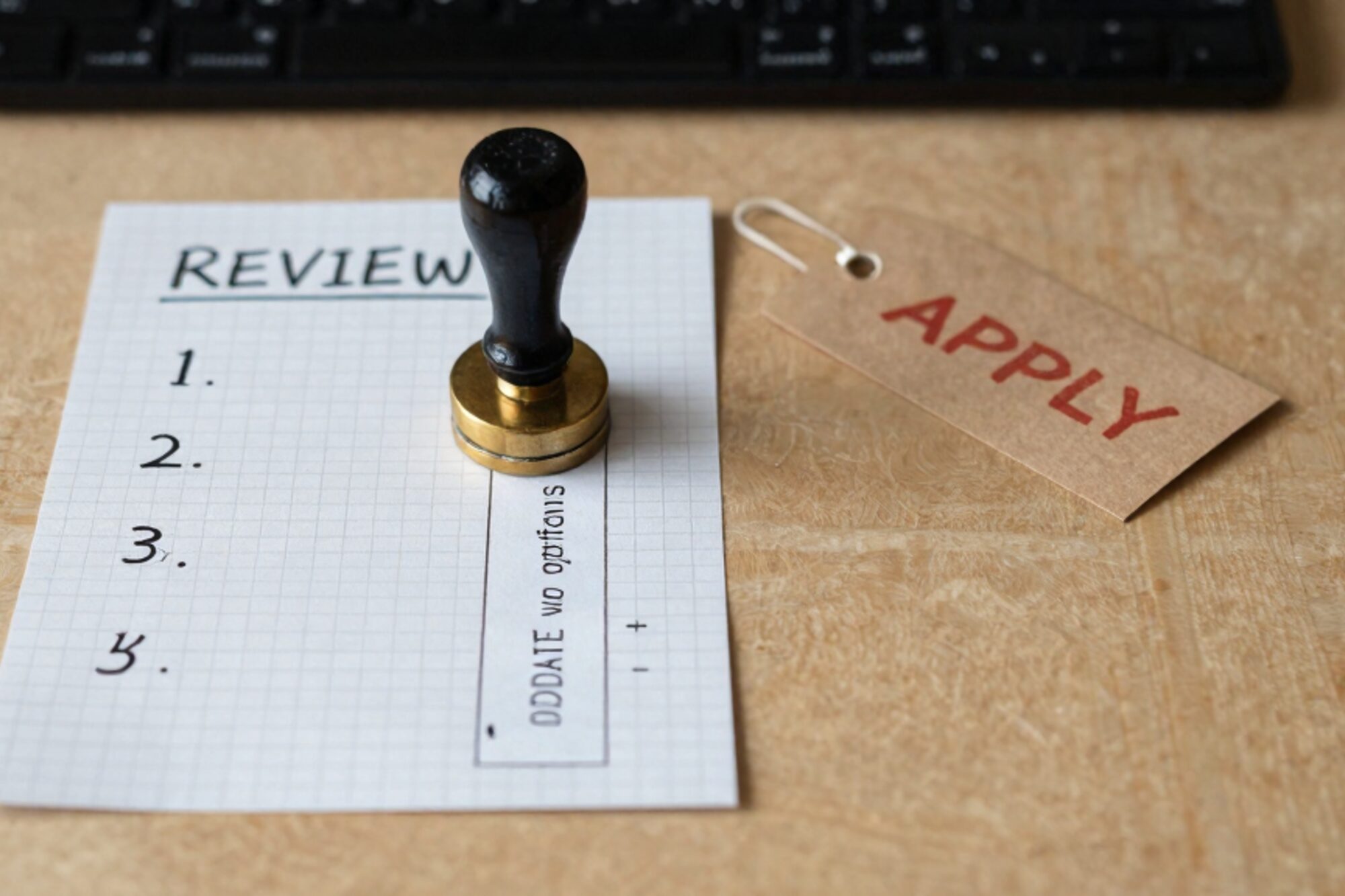 Graph-paper run-sheet headed REVIEW, a printed SQL diff slip, a brass stamp and a clay-red APPLY tag on bone linen
