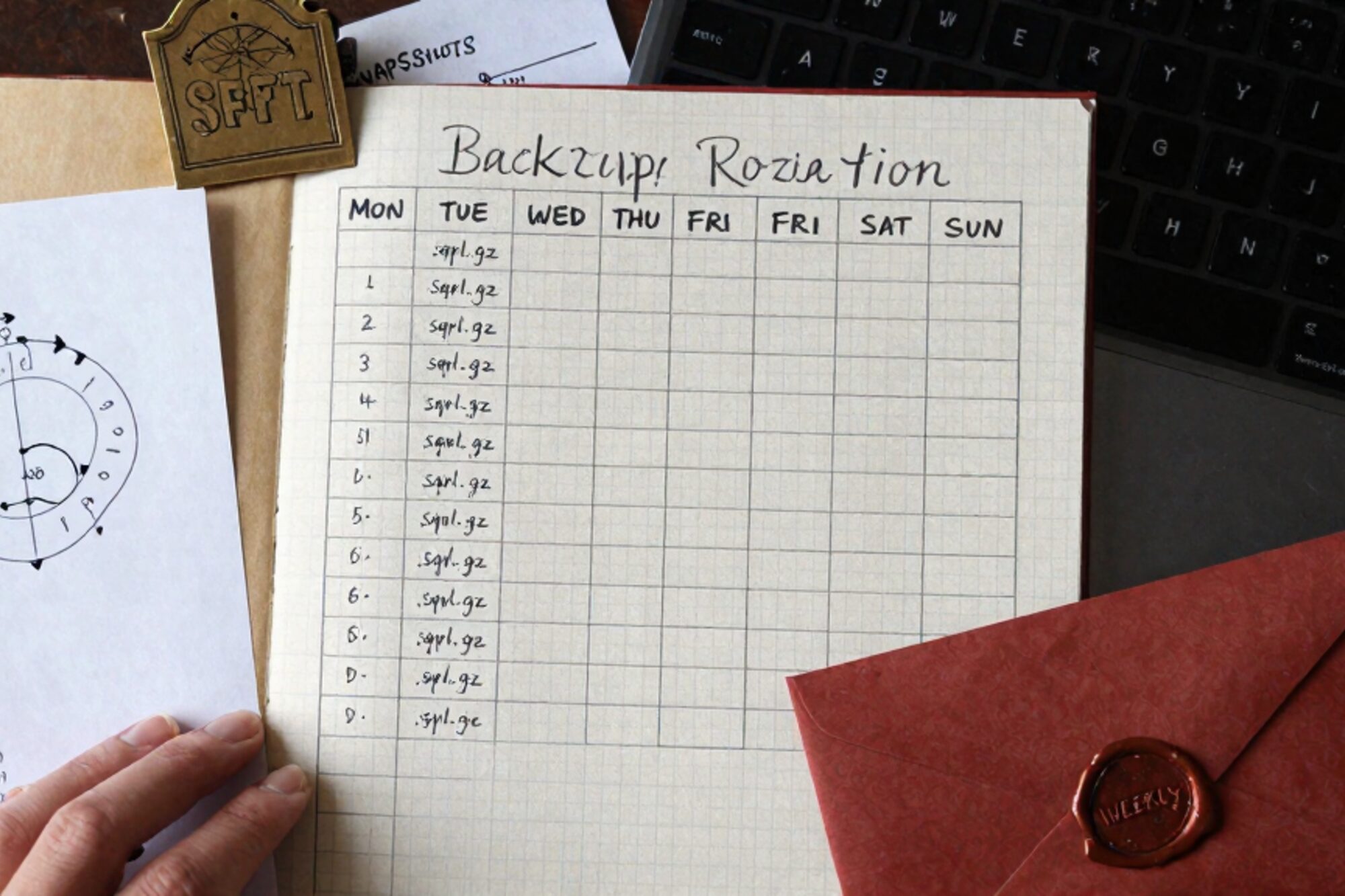 Overhead photo on bone linen: graph-paper backup schedule, manila SNAPSHOTS folder, brass SFTP plate, red wax WEEKLY envelope.