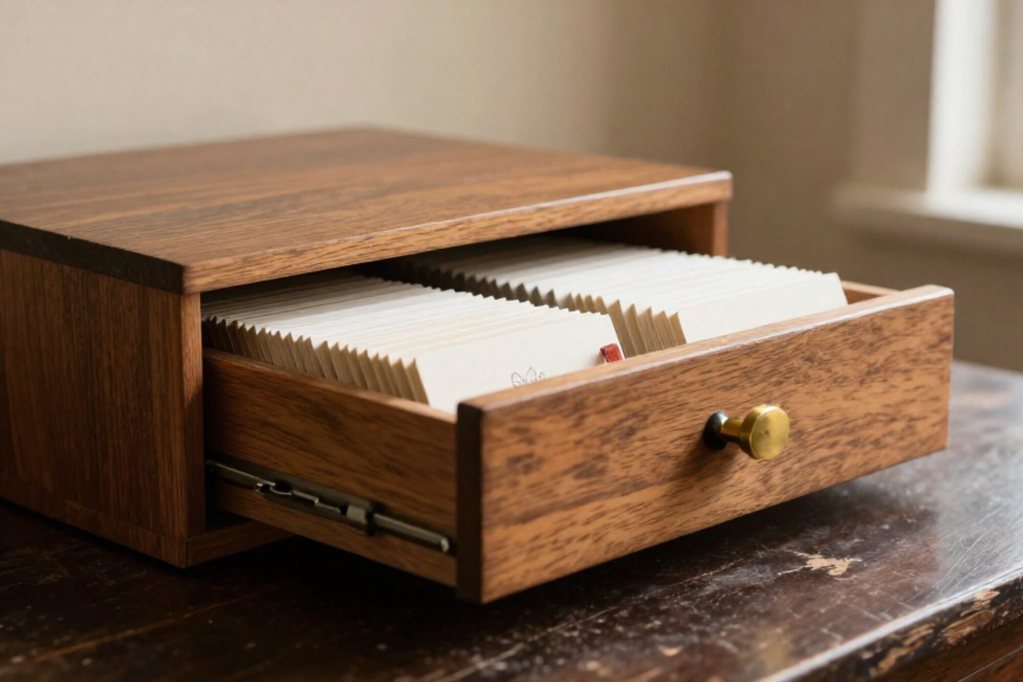 Wooden card-index drawer half open on dark oak desk, brass label-holder, ivory cards, one raised with red ribbon tab.