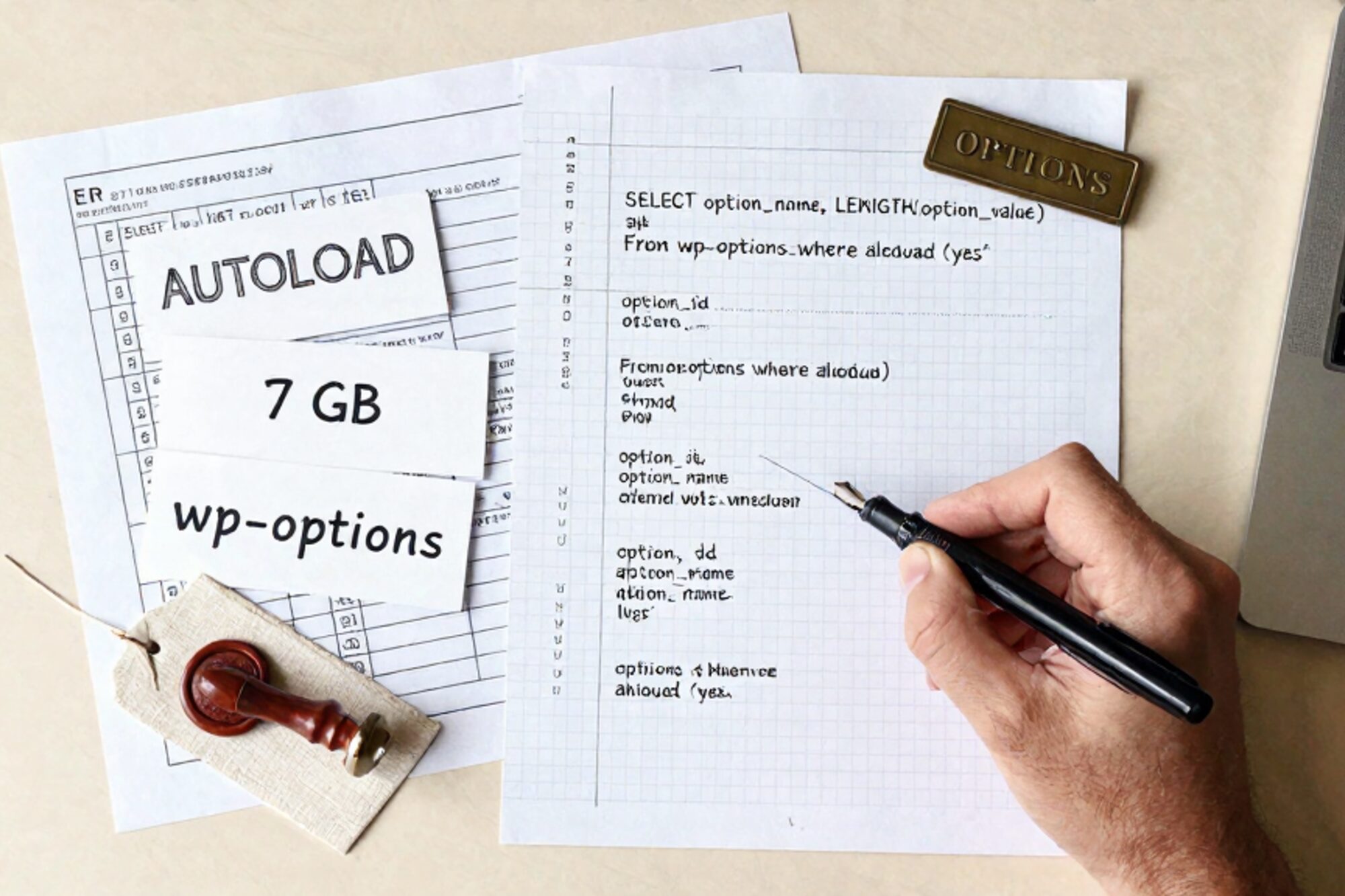 Overhead photo on bone linen: inked SQL worksheet, wp_options blueprint, manila cards, brass plate, red wax seal.