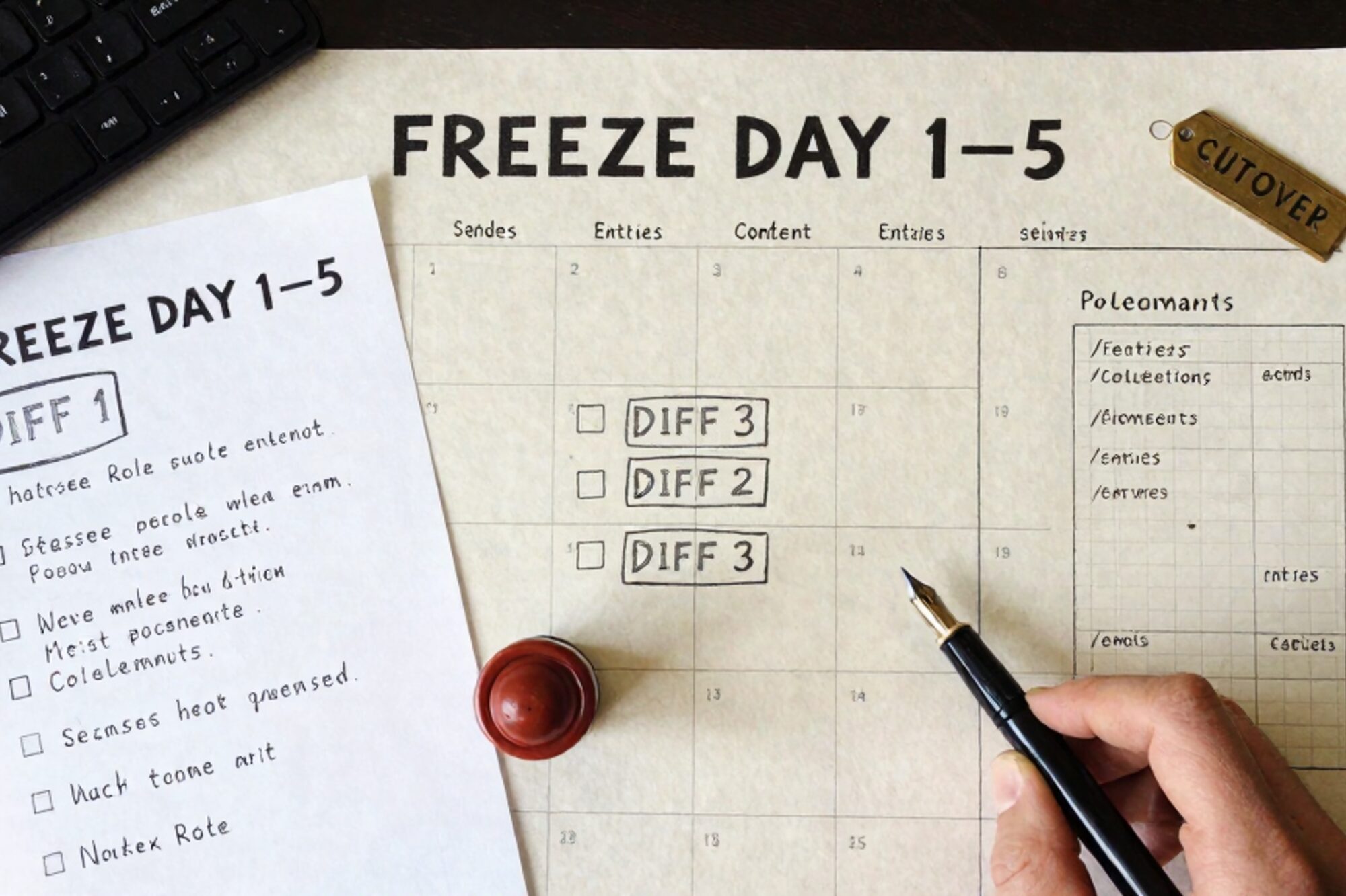 Overhead photo on bone linen: freeze calendar, three stamped diff papers, .htaccess sheet, graph-paper tree, brass tag, wax seal, pen.