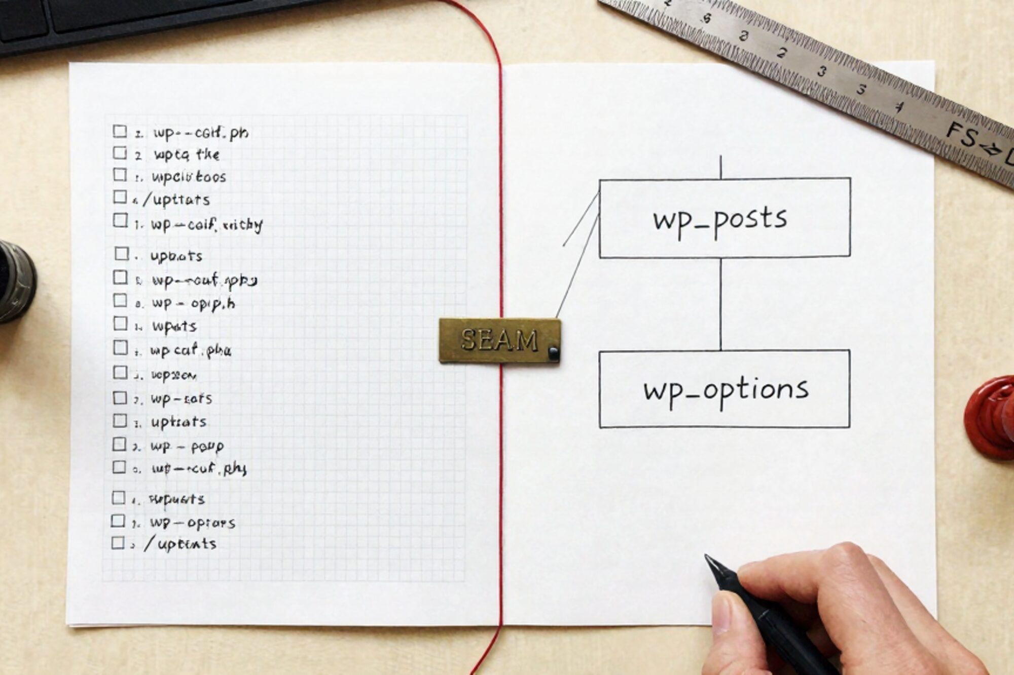 Overhead photo of two paper sheets on bone linen: inked FTP tree and ER diagram joined by red thread, brass SEAM plate.
