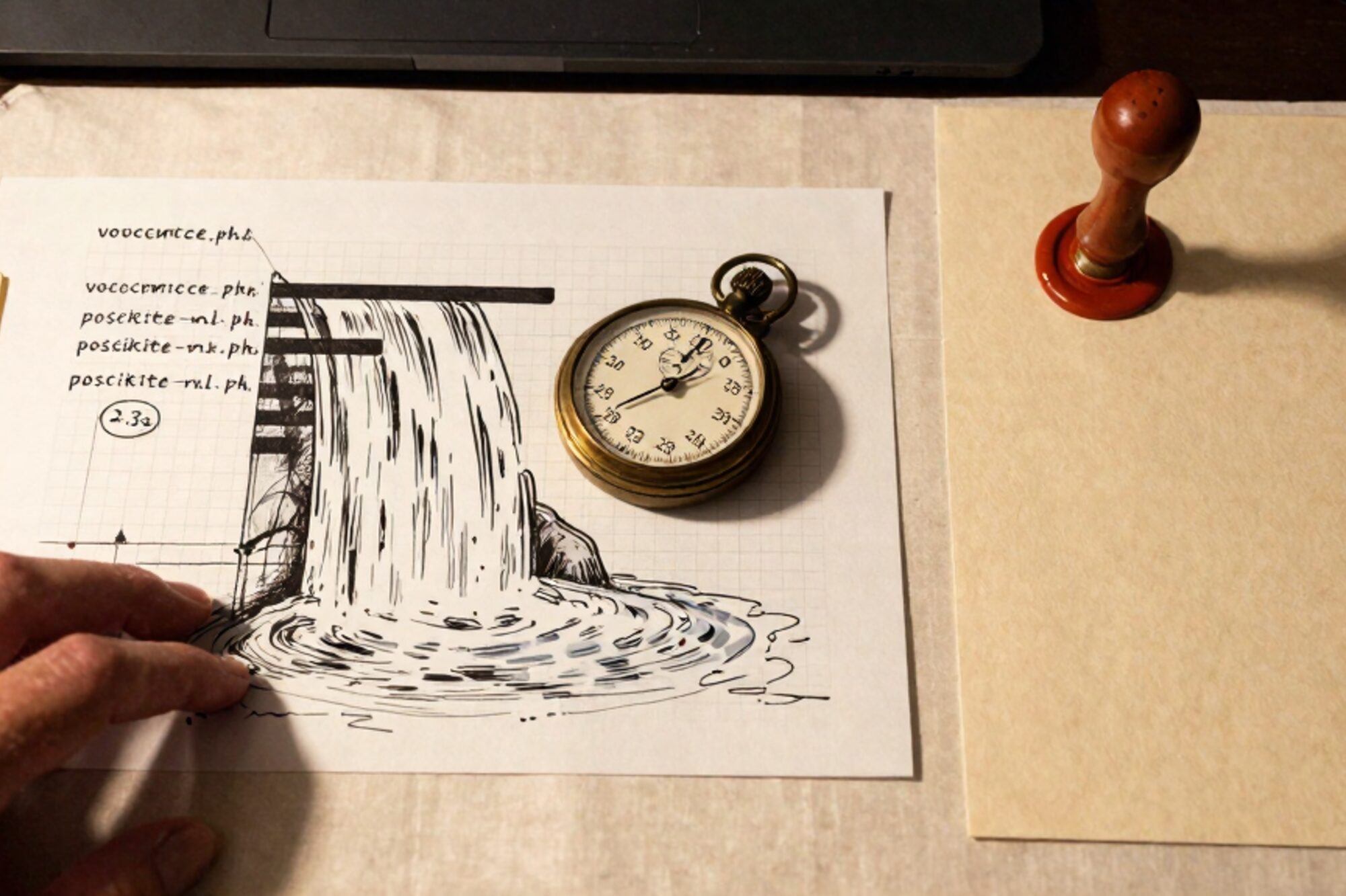 Overhead flat-lay: paper waterfall chart with bars, brass stopwatch at 2.3s, manila CHECKOUT tab, red wax seal on linen.
