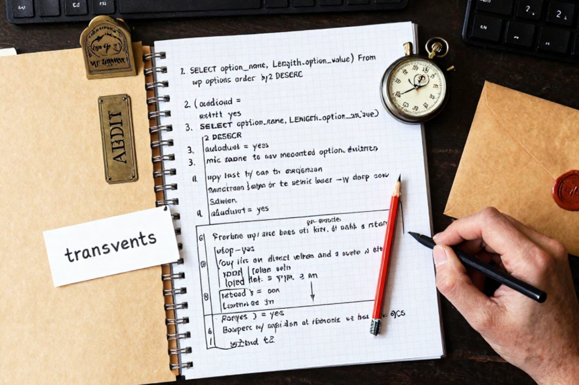 Overhead photo on bone linen: handwritten SQL cheatsheet, wp_options schematic, manila folder, brass AUDIT plate, stopwatch, wax seal.