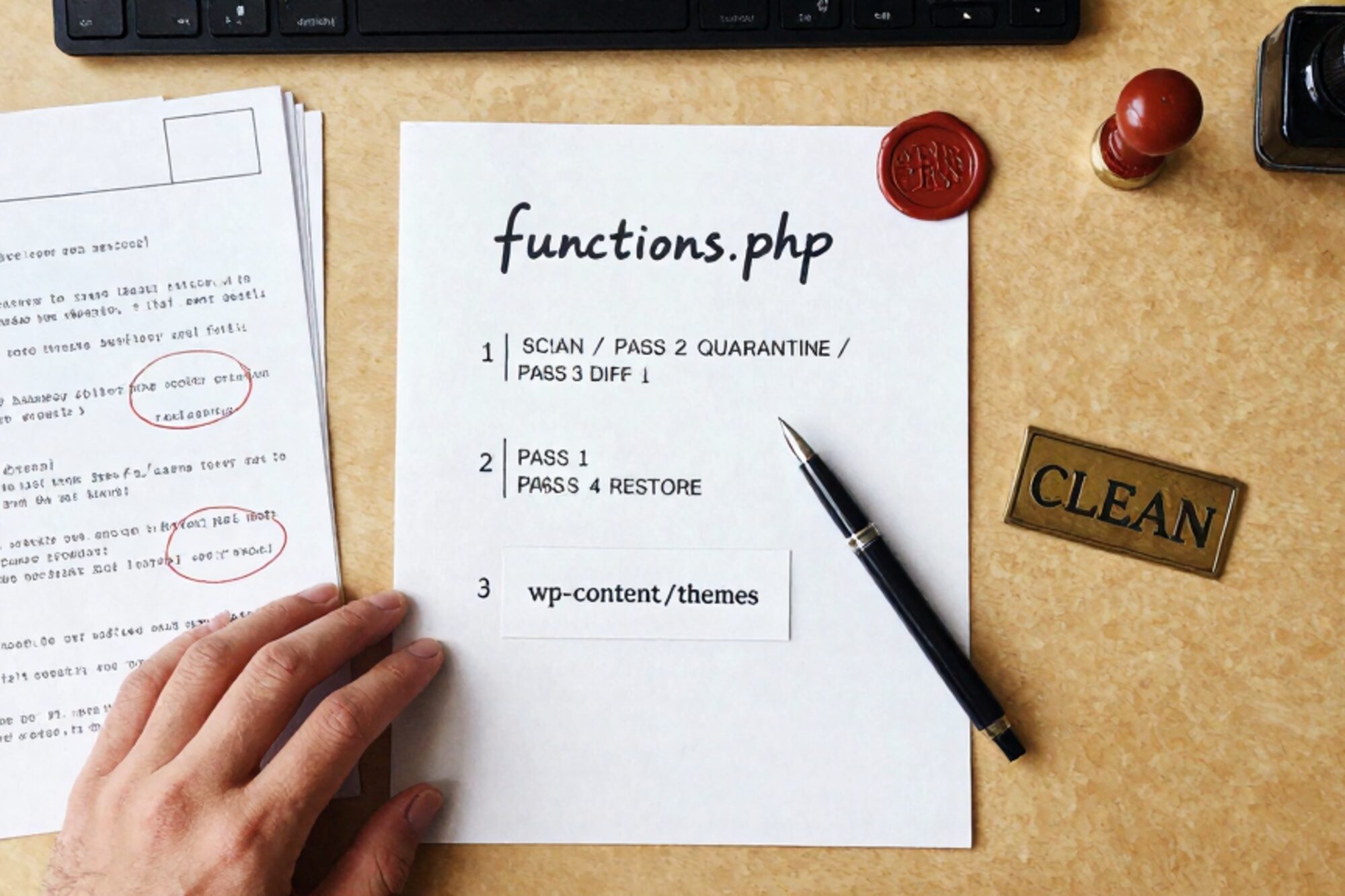 Overhead desk with functions.php run-sheet, manila folder tab, diff sheets, index card, brass plate, fountain pen, wax seal.